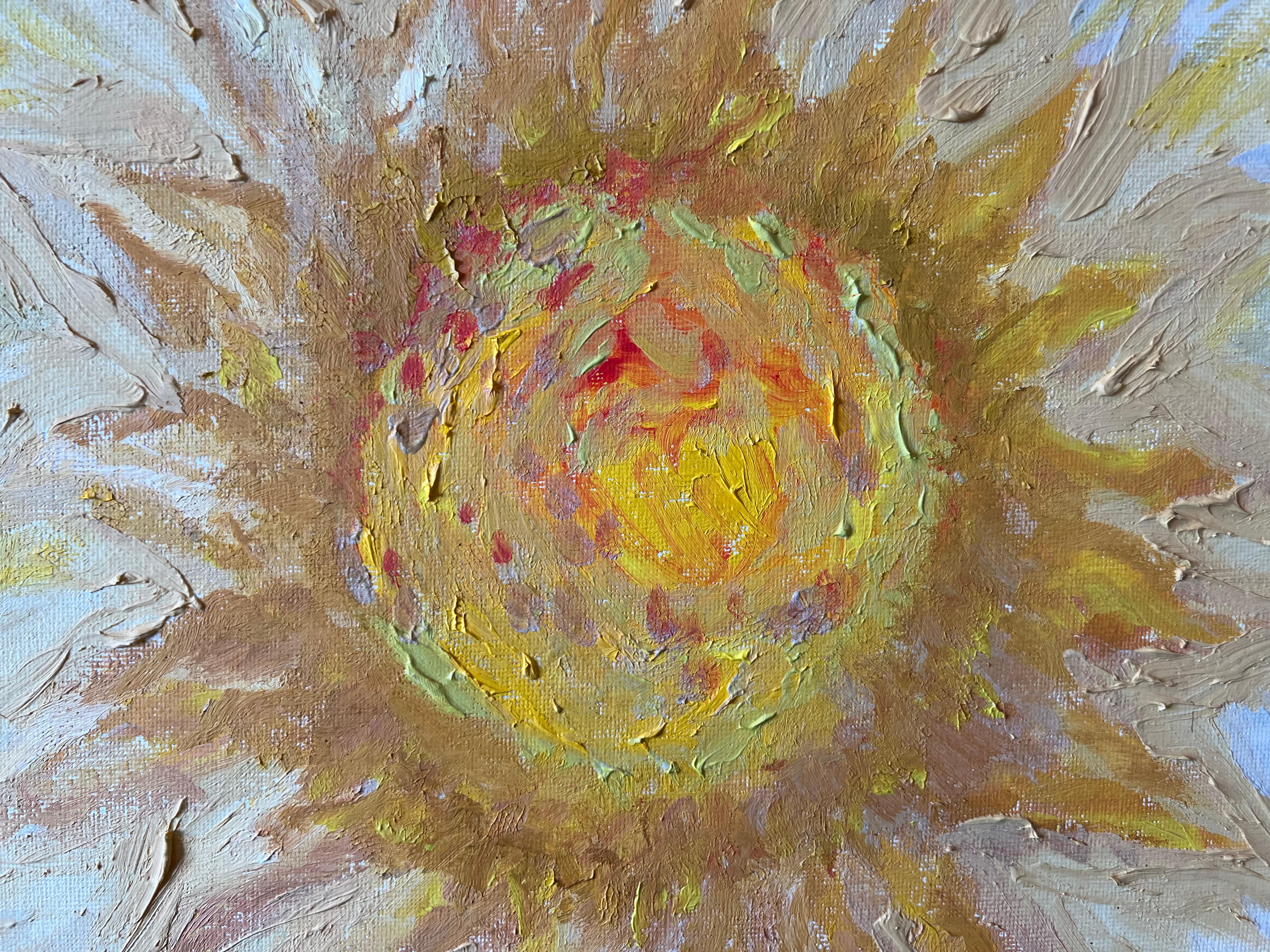 'End Of Winter Sun' réaliste, élégant portrait mystique jaune peinture acrylique en vente 1