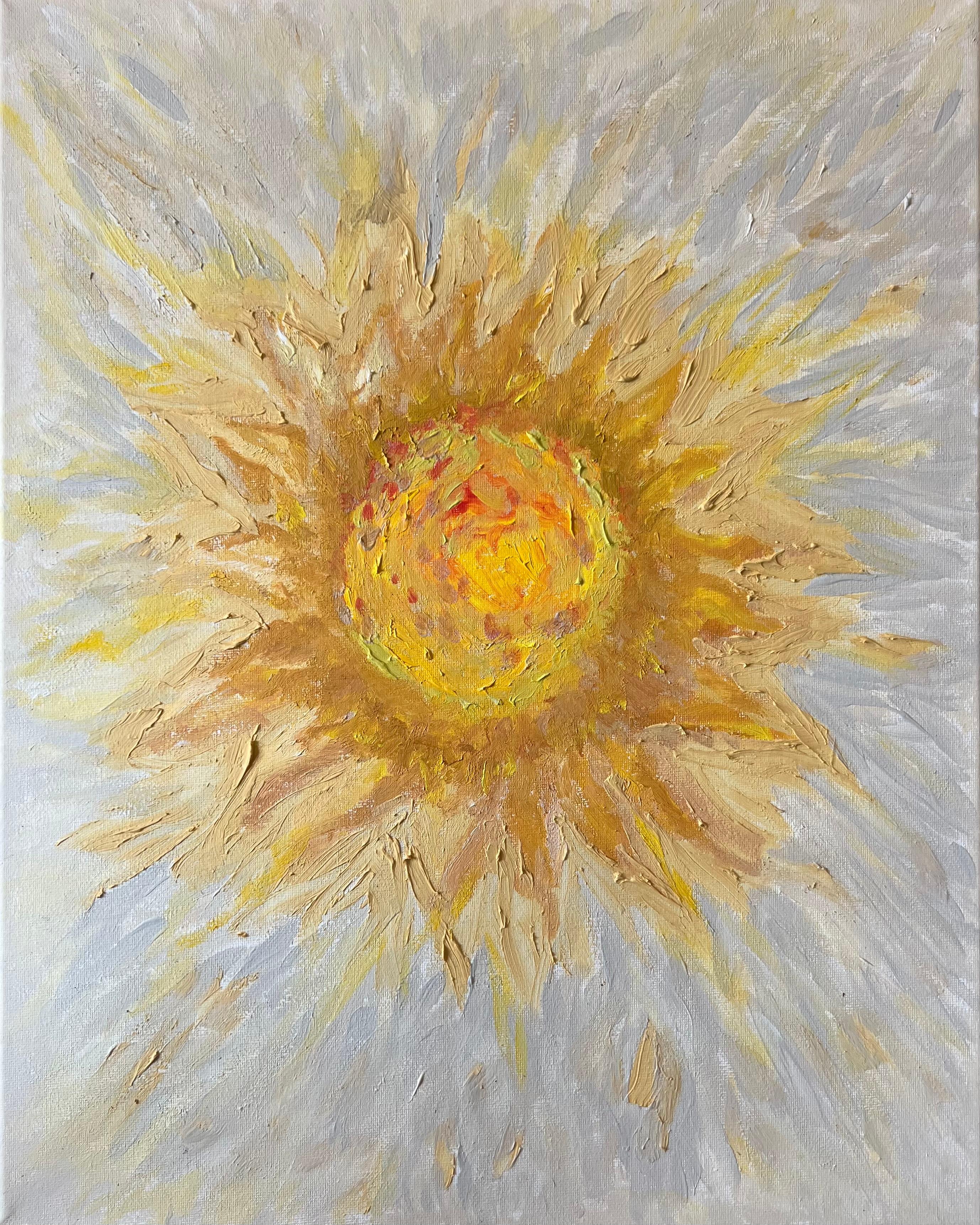 'End Of Winter Sun' réaliste, élégant portrait mystique jaune peinture acrylique