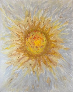 'End Of Winter Sun' réaliste, élégant portrait mystique jaune peinture acrylique