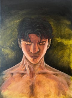 « Meditation Self Portrait », peinture acrylique réaliste et élégante de portrait mystique