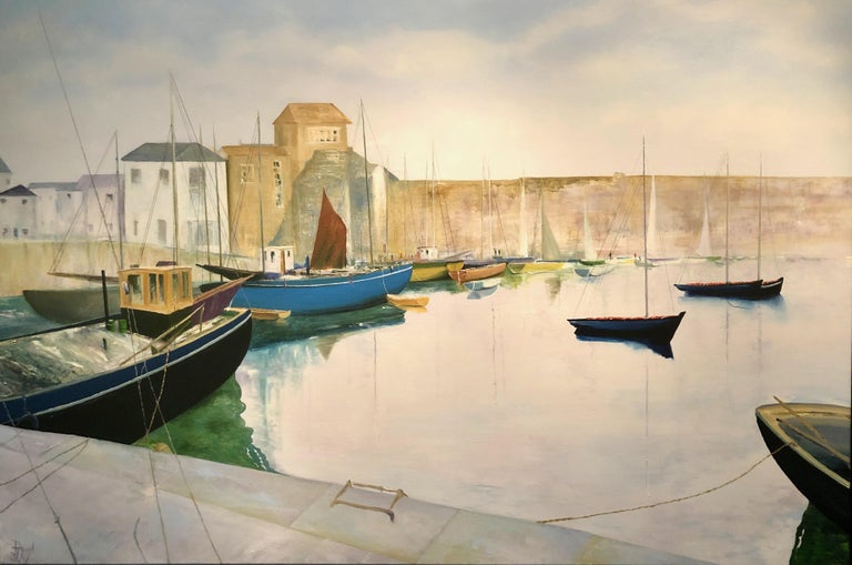 David J. Williams Landscape Painting - Tranquil Harbour. Large Contemporary Landscape Oil Painting