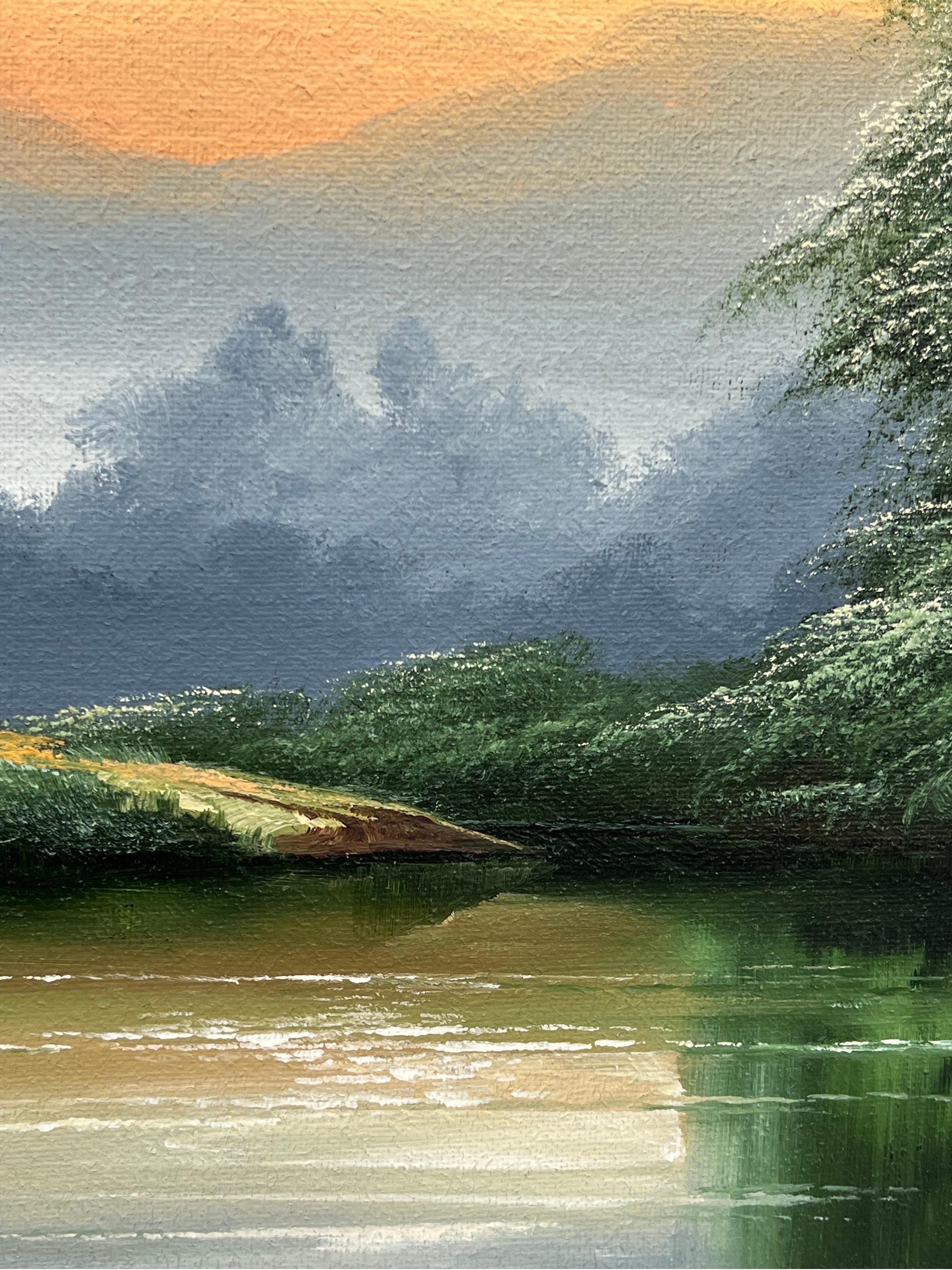 Green Water in the Lake District of England with Lush Trees by British Artist For Sale 9