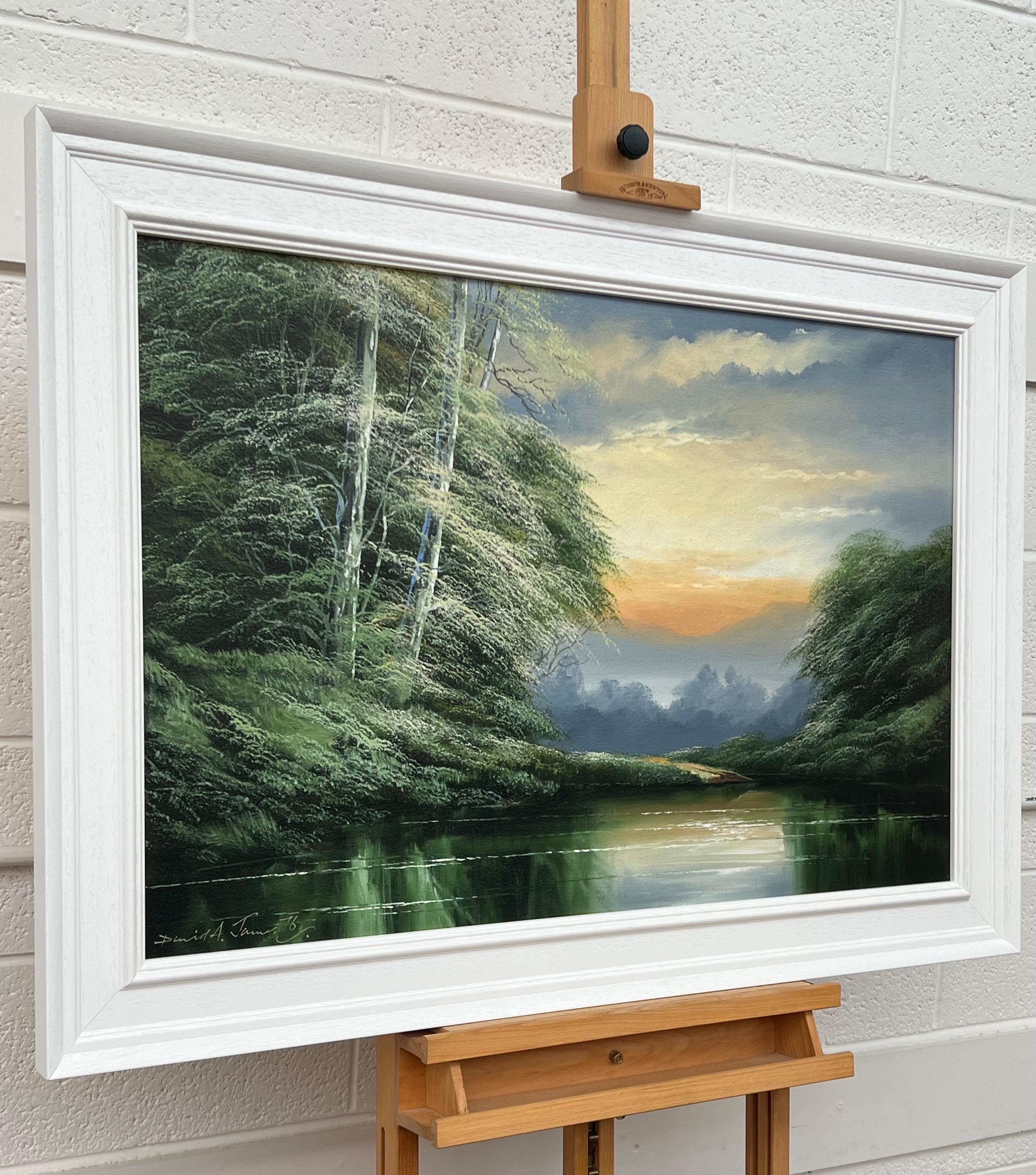 Green Water in the Lake District of England with Lush Trees by British Artist - Painting by David James