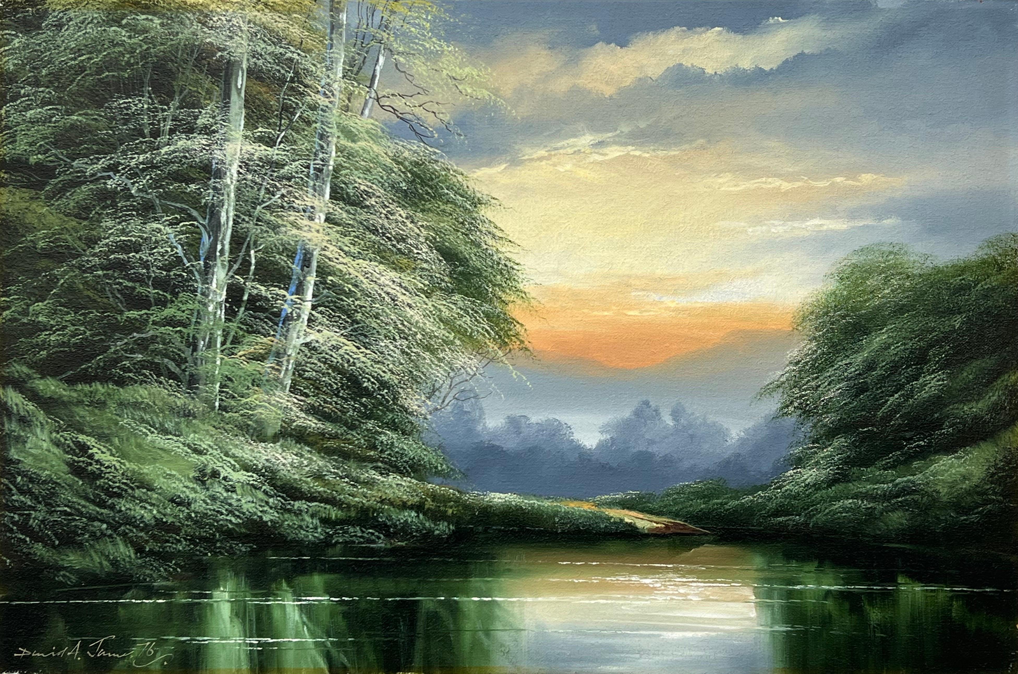 Green Water in the Lake District of England with Lush Trees, Vintage Oil Painting by British Artist, David James. Dramatic skies and beautiful reflections are a feature of this landscape and seascape artist.

This painting depicts a tranquil forest