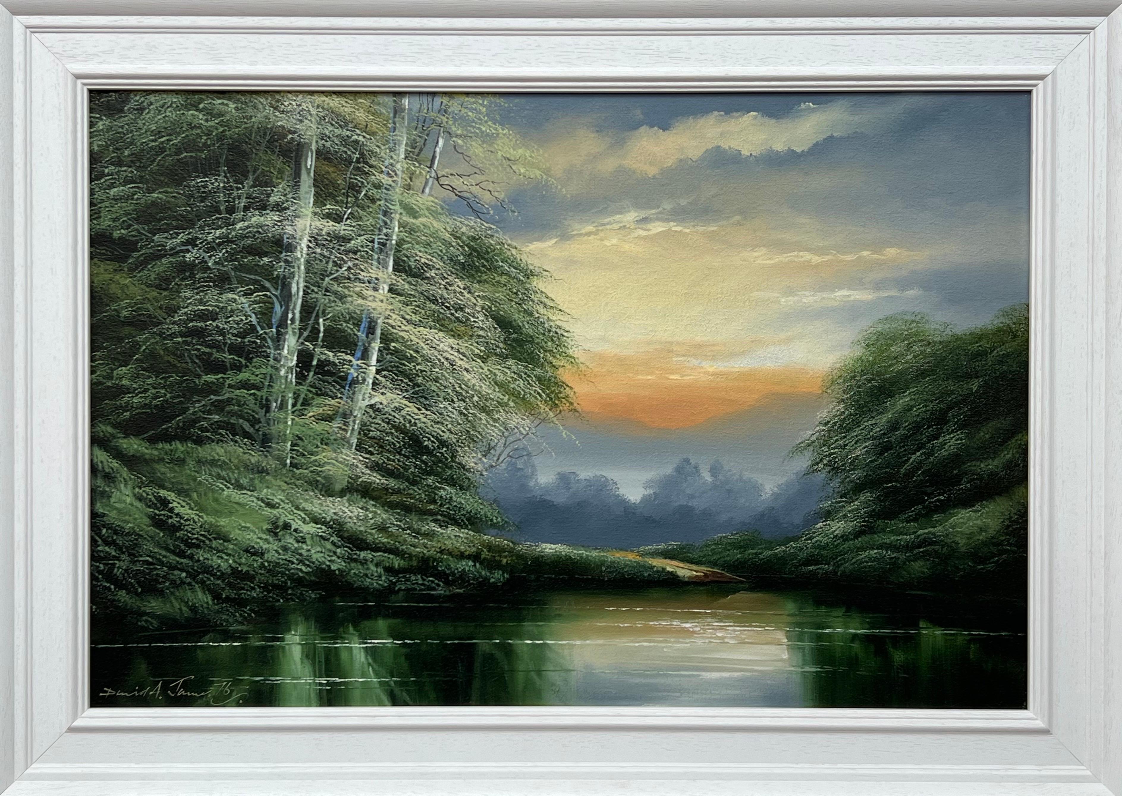 David James Figurative Painting - Green Water in the Lake District of England with Lush Trees by British Artist