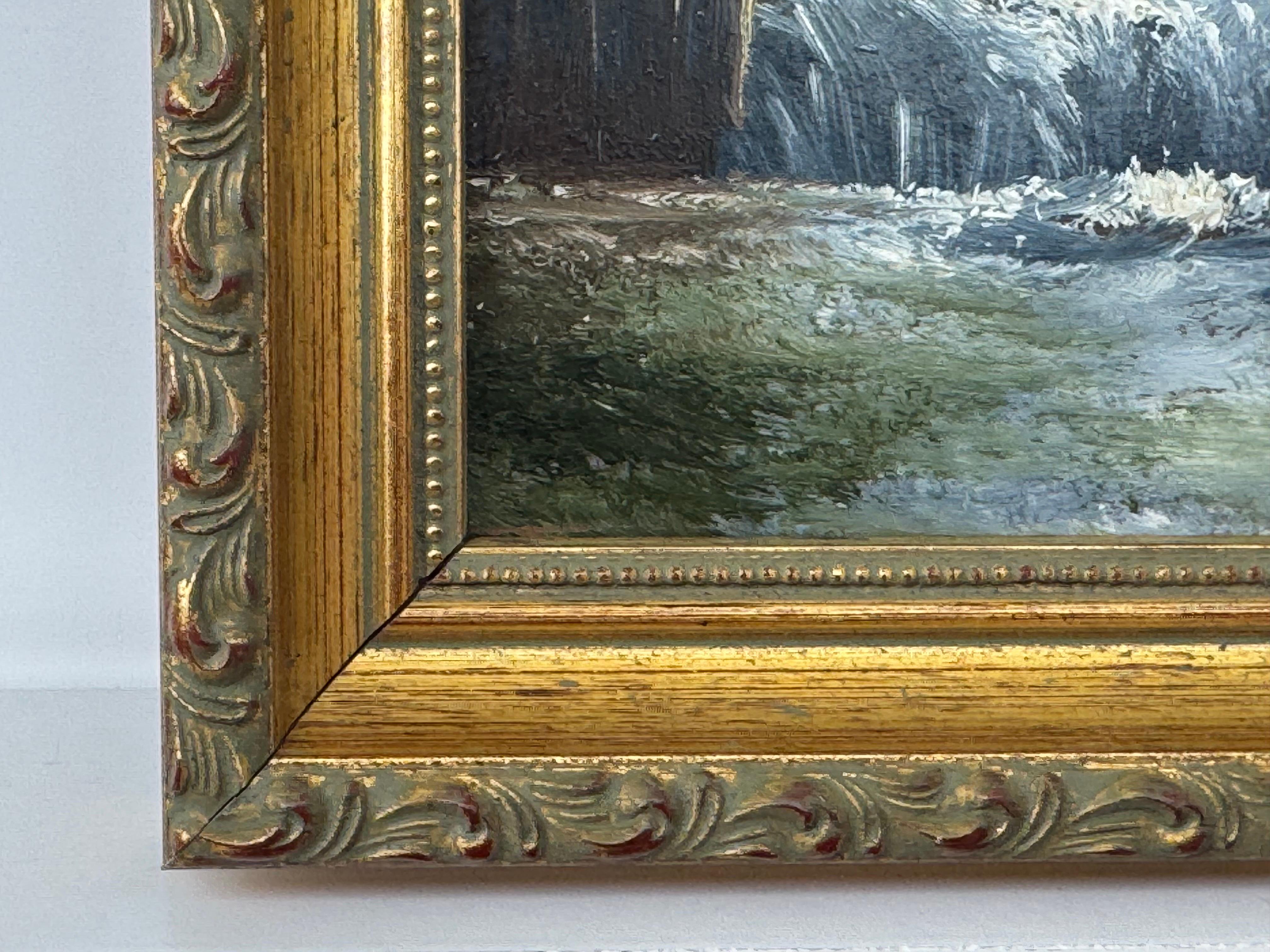 Miniatur-Landschaft mit Wasserfall - Vintage Ölgemälde von britischem Künstler im Angebot 8