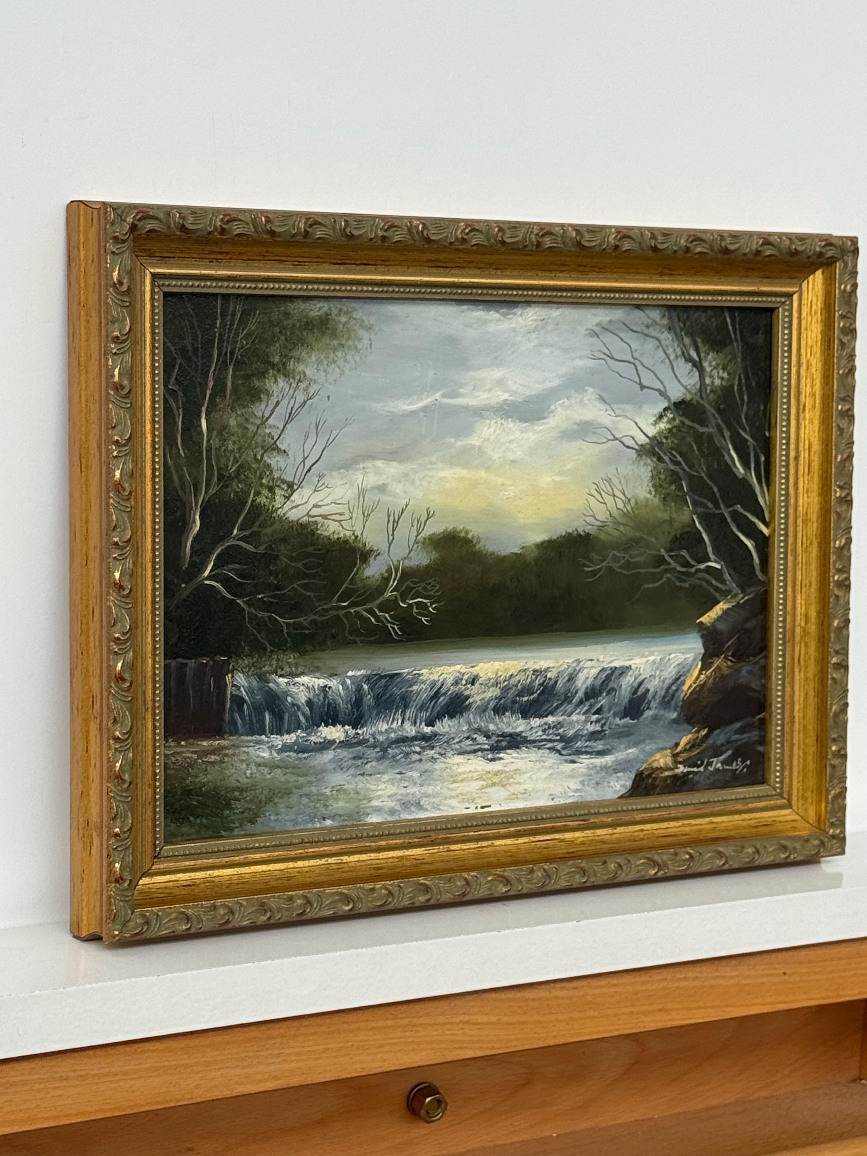 Miniatur-Landschaft mit Wasserfall - Vintage Ölgemälde von britischem Künstler – Painting von David James