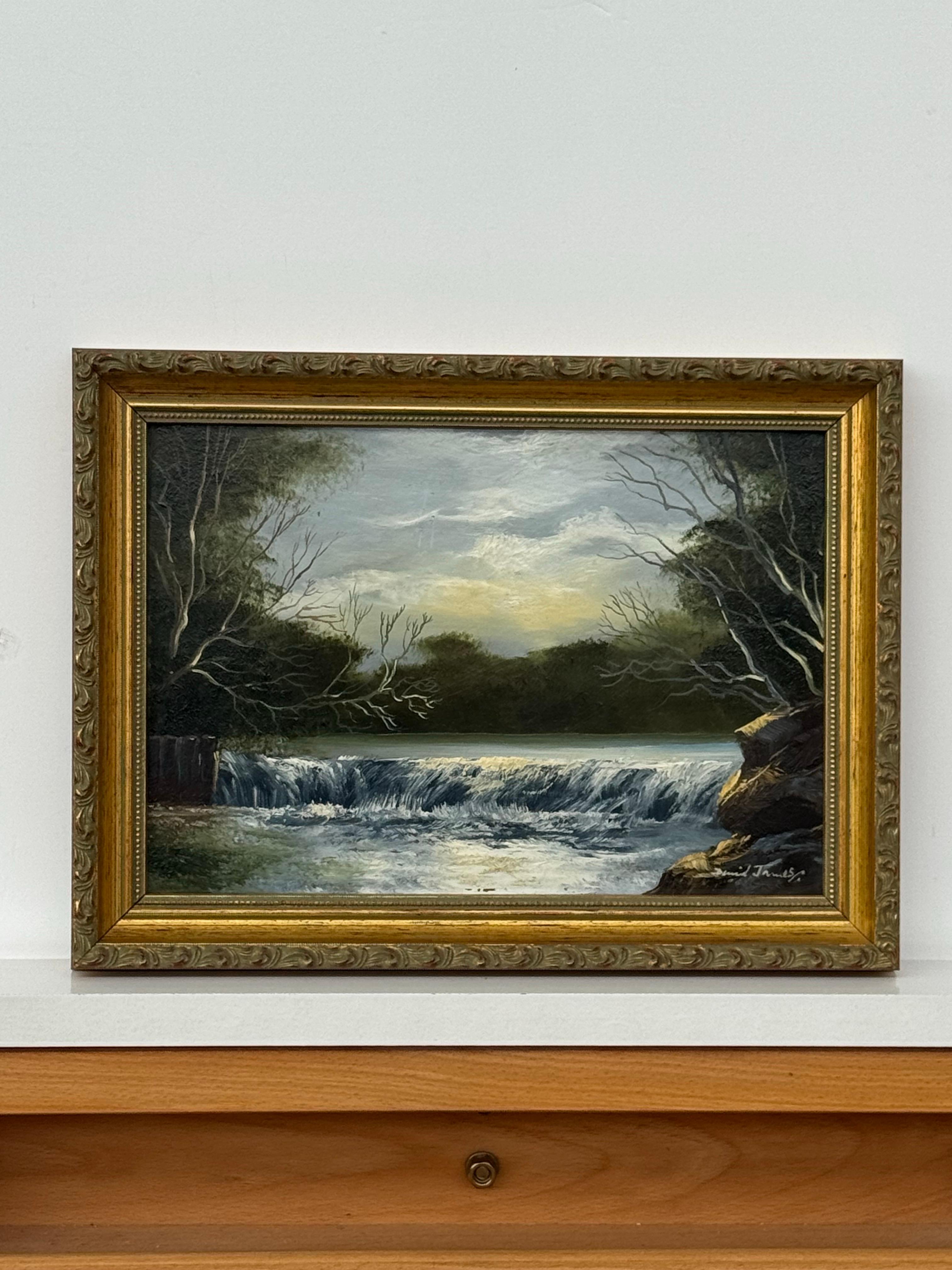 Miniatur-Landschaft mit Wasserfall - Vintage Ölgemälde von britischem Künstler (Zeitgenössisch), Painting, von David James