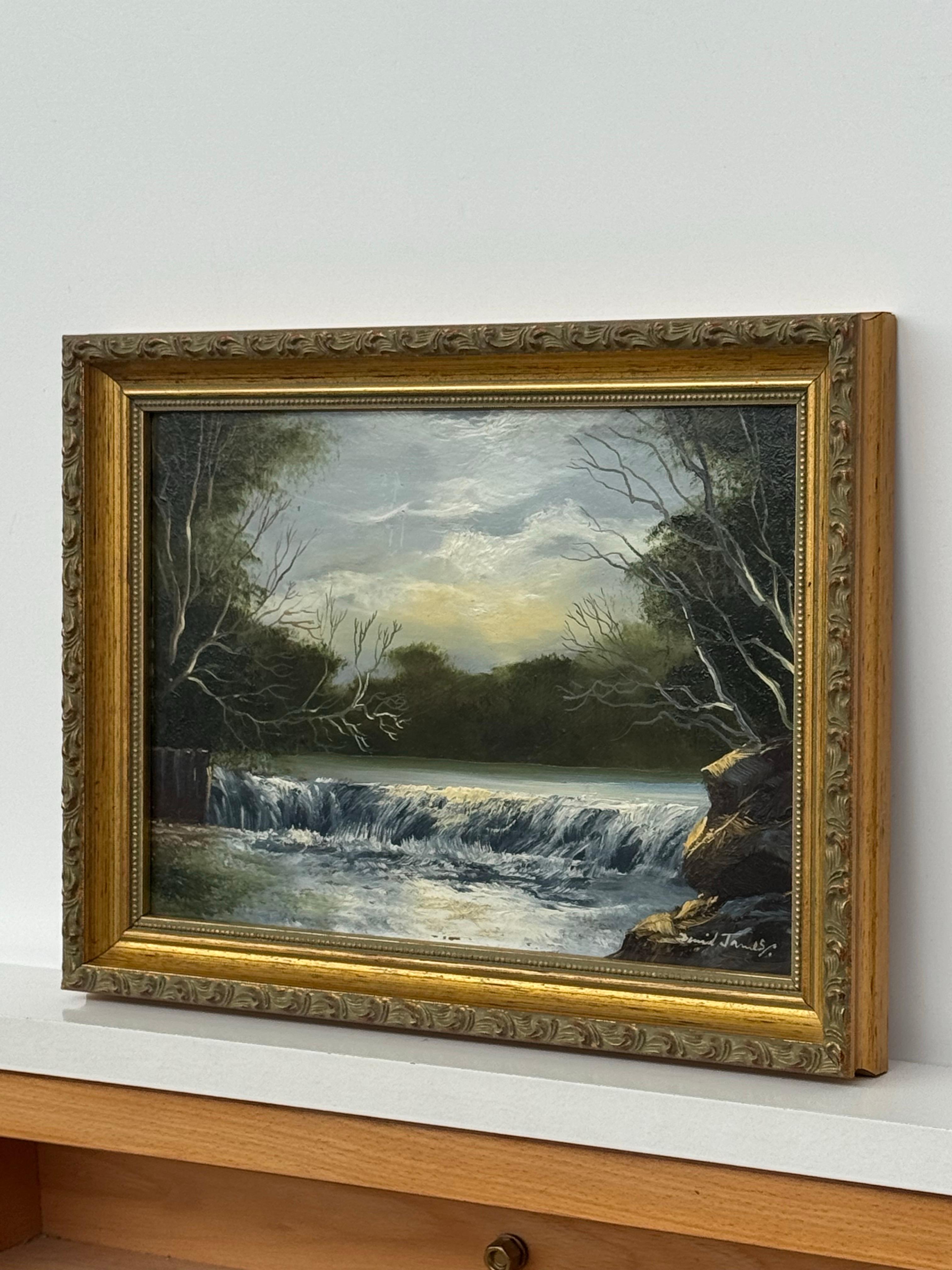 Miniatur-Landschaft mit Wasserfall - Vintage Ölgemälde von britischem Künstler (Braun), Figurative Painting, von David James