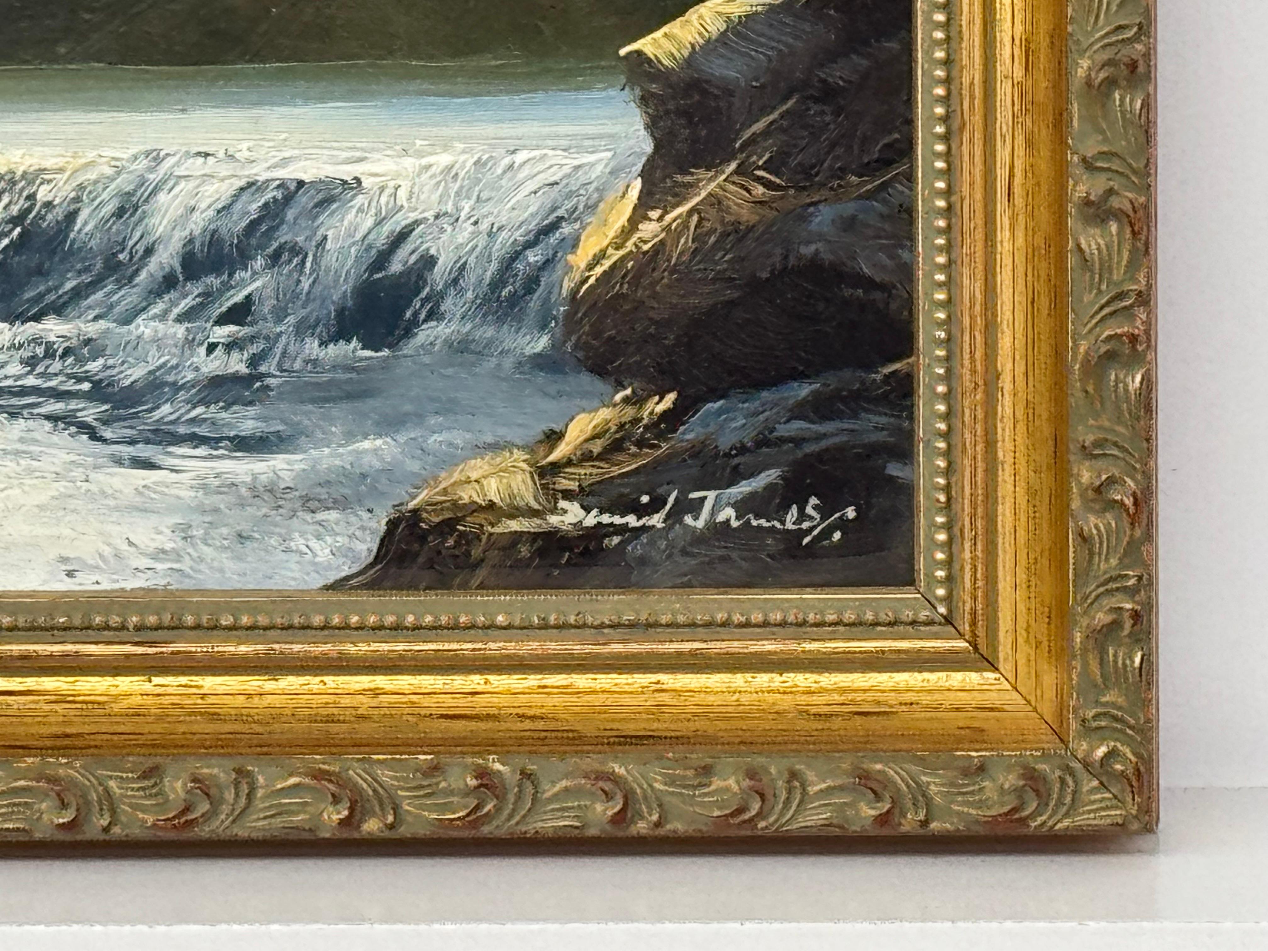 Miniatur-Landschaft mit Wasserfall - Vintage Ölgemälde des britischen Künstlers David James.

Kunst misst 10 x 7 Zoll
Rahmen misst 13 x 10 Zoll

David James (Brite, 20. Jahrhundert)
Miniaturlandschaft mit Wasserfall, ca. 1970er Jahre
Öl auf Karton 