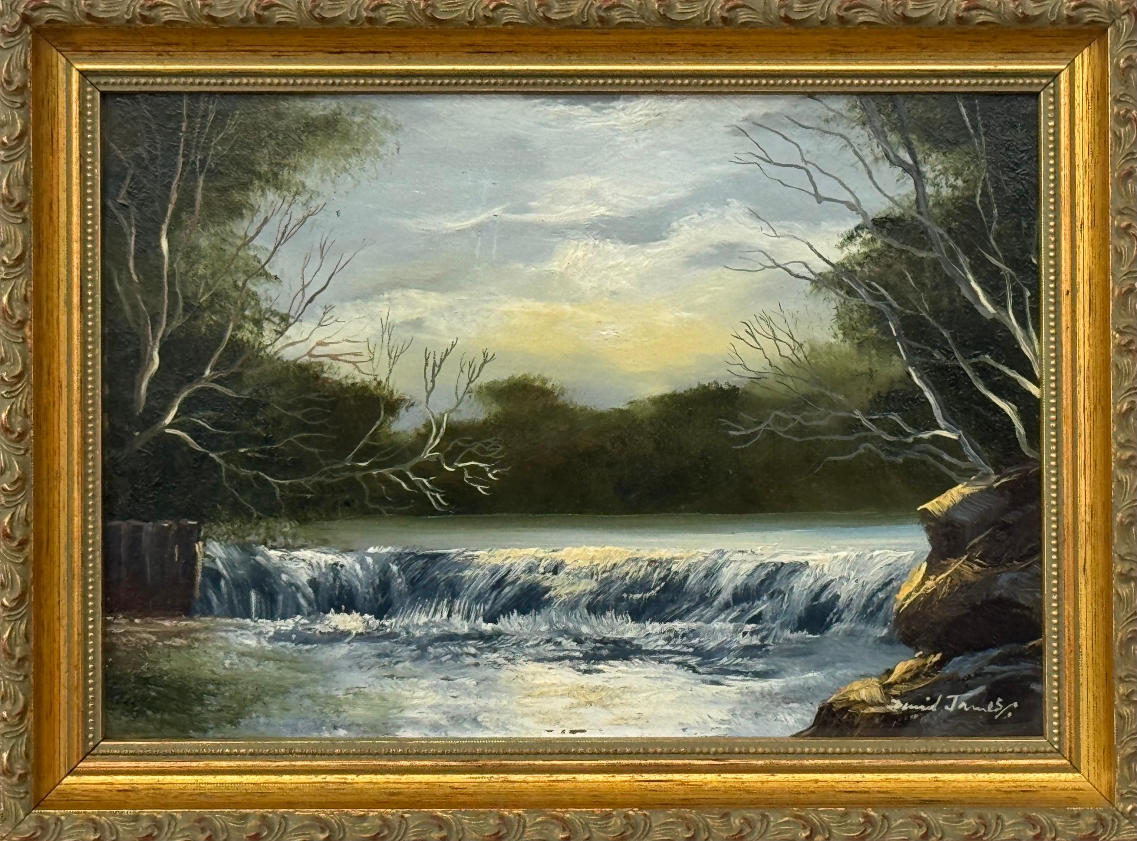 Paysage miniature avec chute d'eau - Peinture à l'huile vintage de l'artiste britannique
