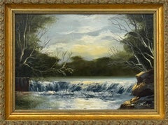 Miniature Landscape with Waterfall - Vintage Oil Painting by British Artist