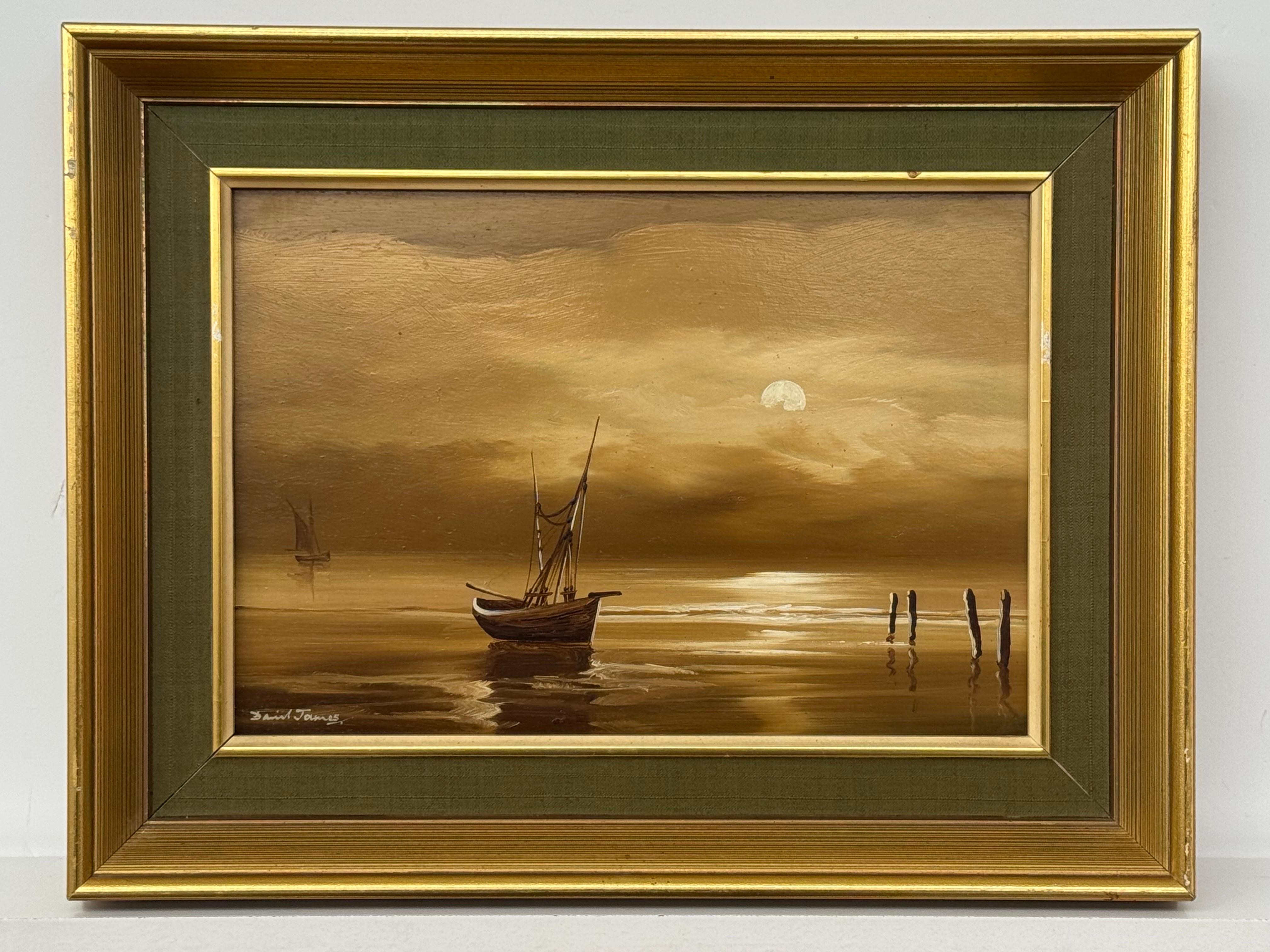 Paisaje marino tonal iluminado por la luna con velero, aguas tranquilas y elegancia sepia - Óleo Vintage en venta 8