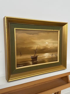 Moonlit tonal seascape with sailboat, calm waters & sepia elegance - Vintage Oil