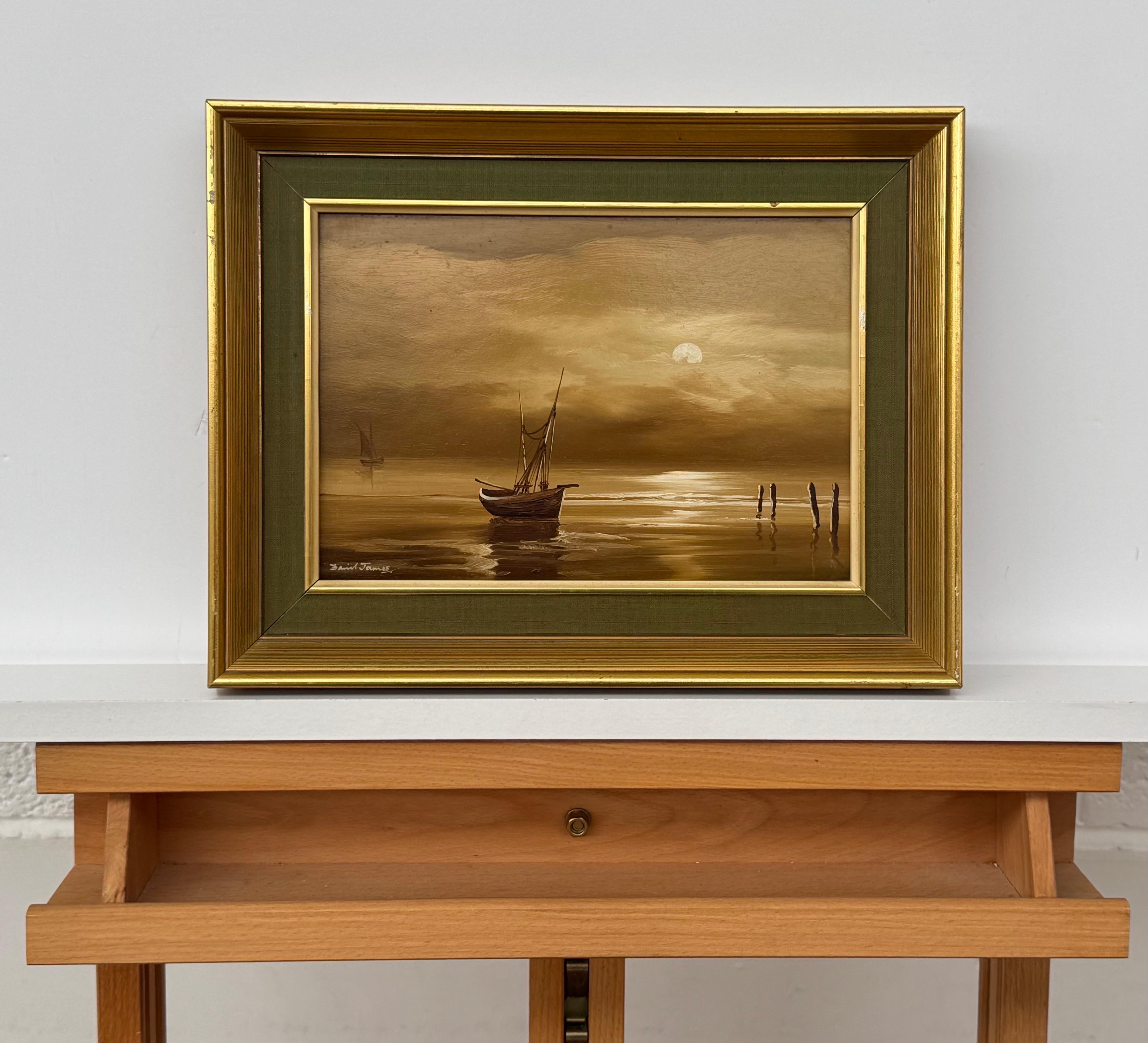 Paisaje marino tonal iluminado por la luna con velero, aguas tranquilas y elegancia sepia - Óleo Vintage - Painting Escuela inglesa de David James