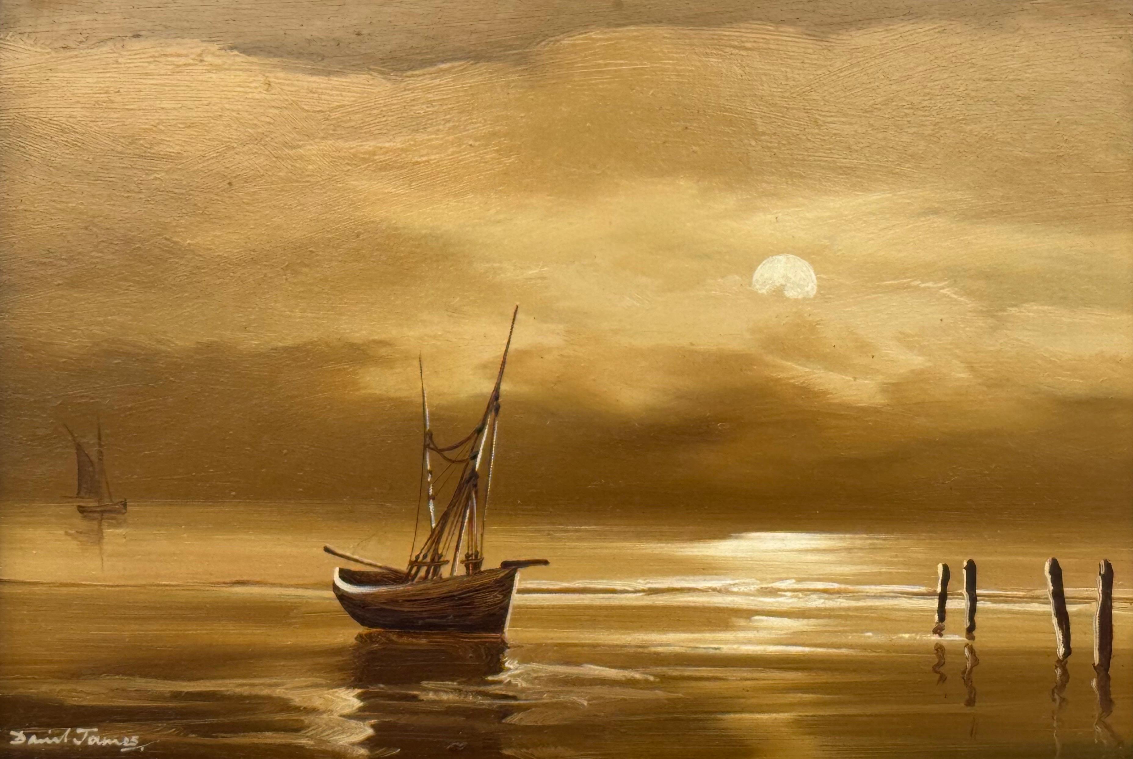 Paisaje marino tonal iluminado por la luna con velero, aguas tranquilas y elegancia sepia - Óleo Vintage en venta 2