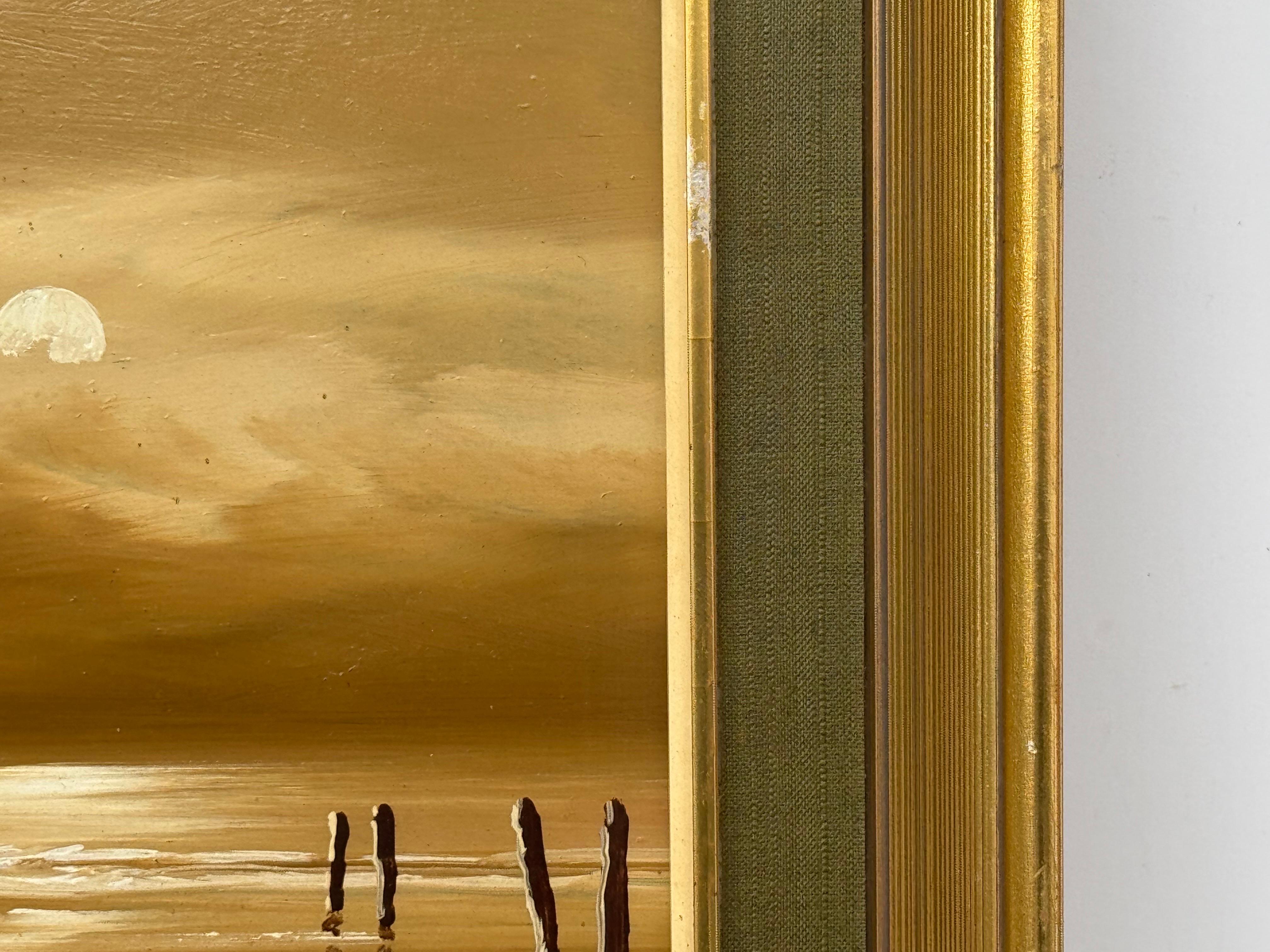 Paisaje marino tonal iluminado por la luna con velero, aguas tranquilas y elegancia sepia - Óleo Vintage en venta 4