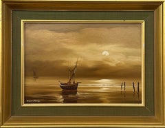 Paesaggio marino tonale al chiaro di luna con barca a vela, acque calme ed eleganza color seppia - Olio d'epoca