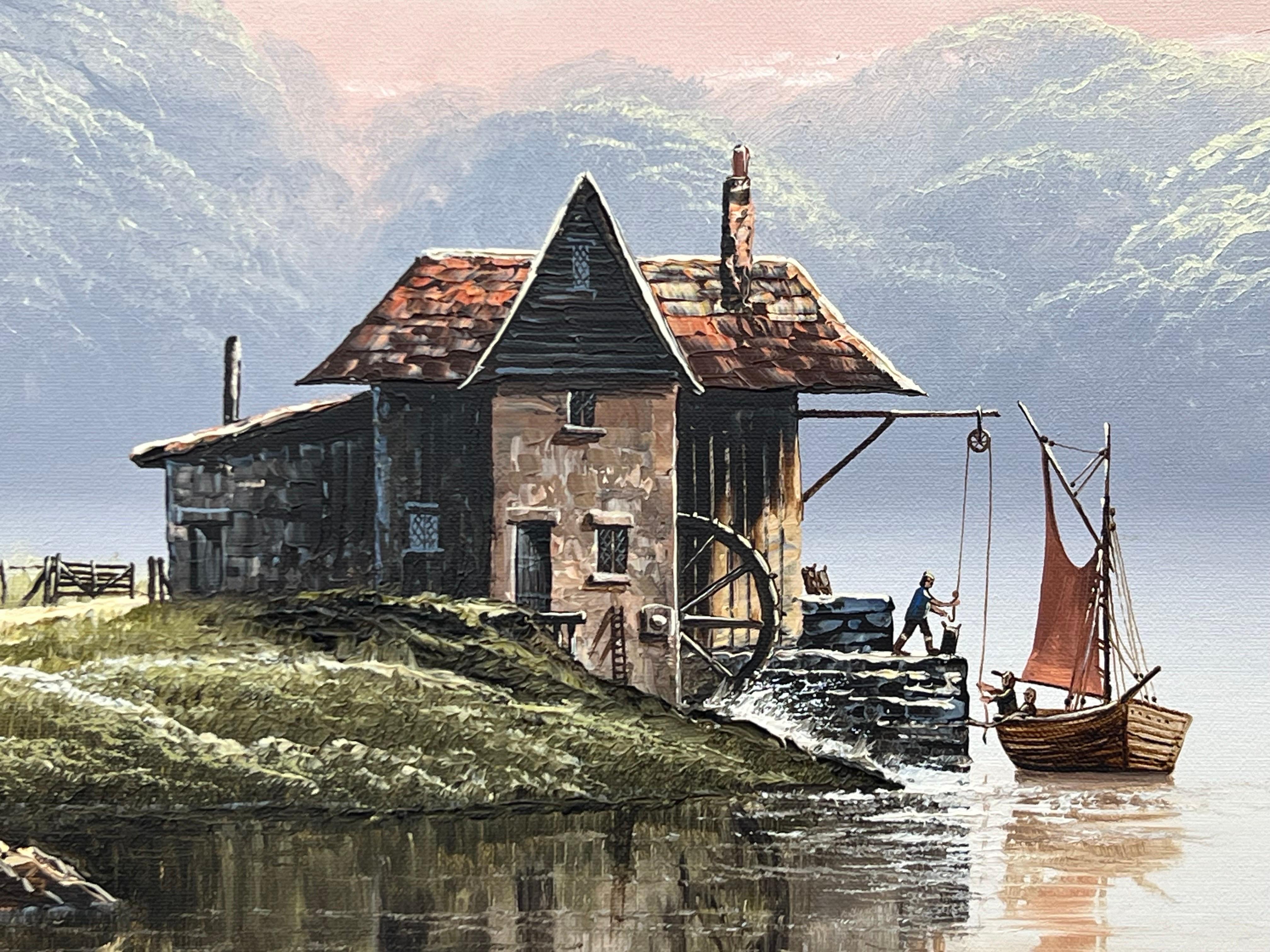 River Landscape with Water Mill in England with Lush Trees by British Artist For Sale 5