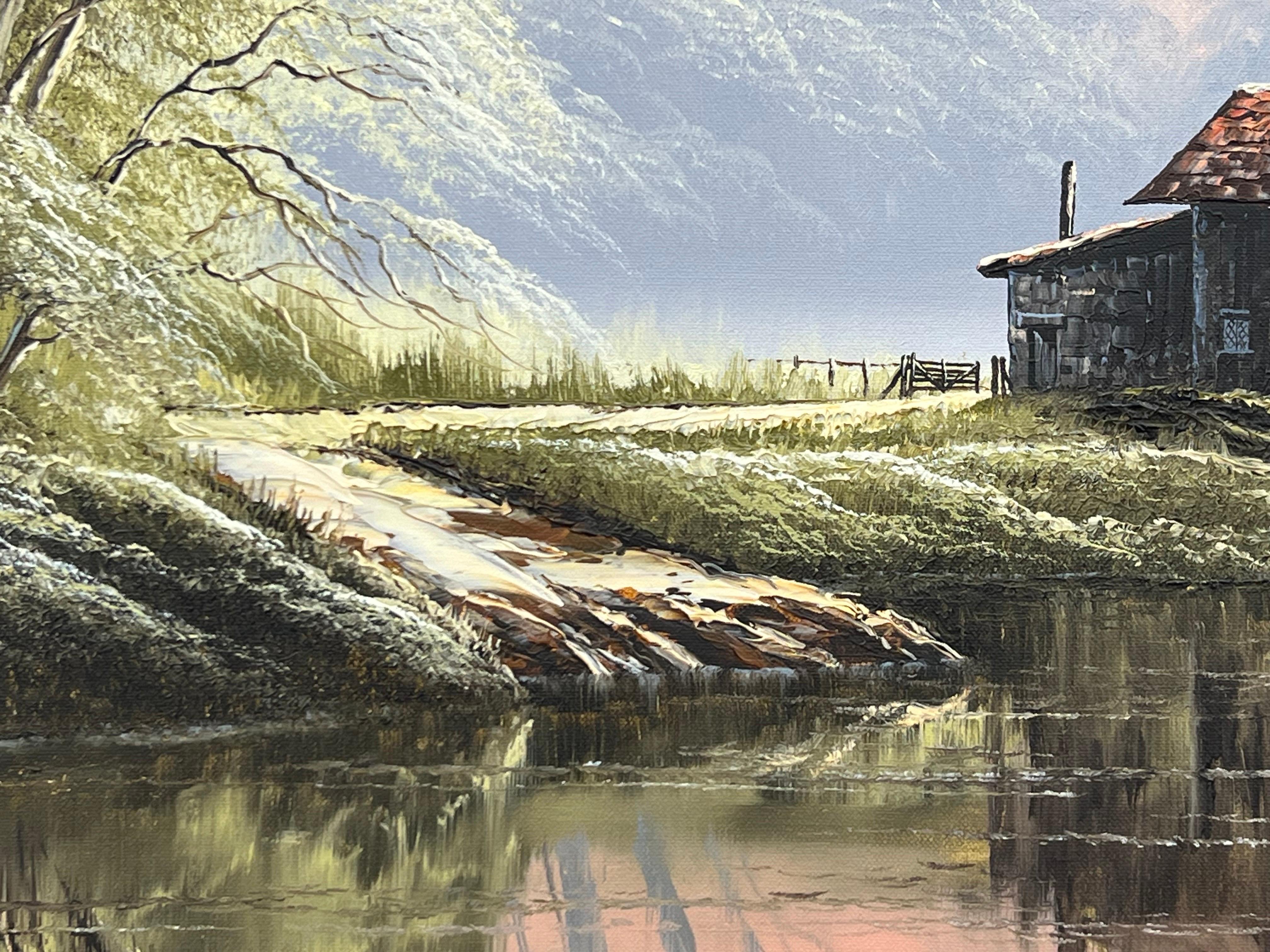 River Landscape with Water Mill in England with Lush Trees by British Artist For Sale 6