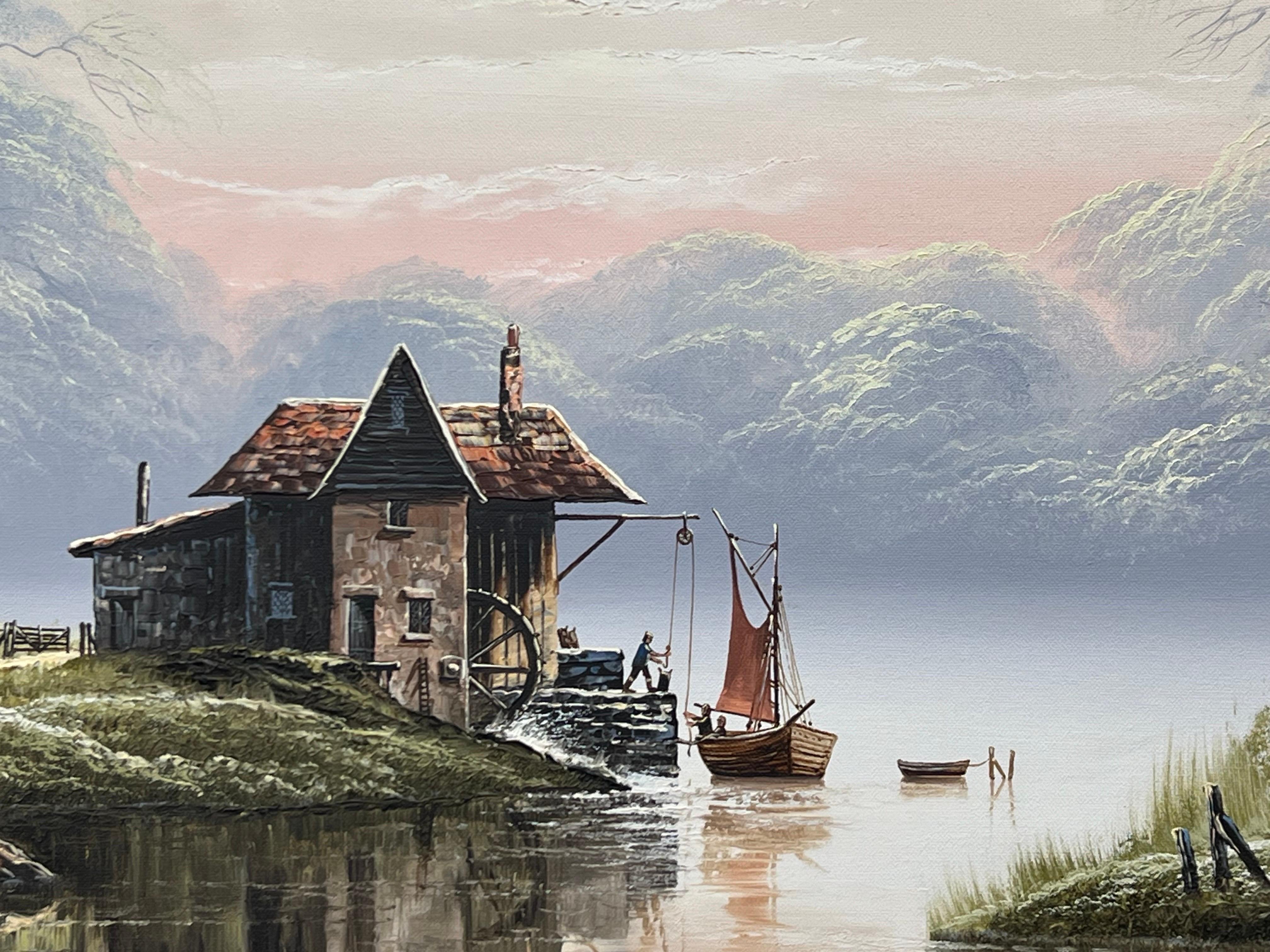 River Landscape with Water Mill in England with Lush Trees by British Artist For Sale 8