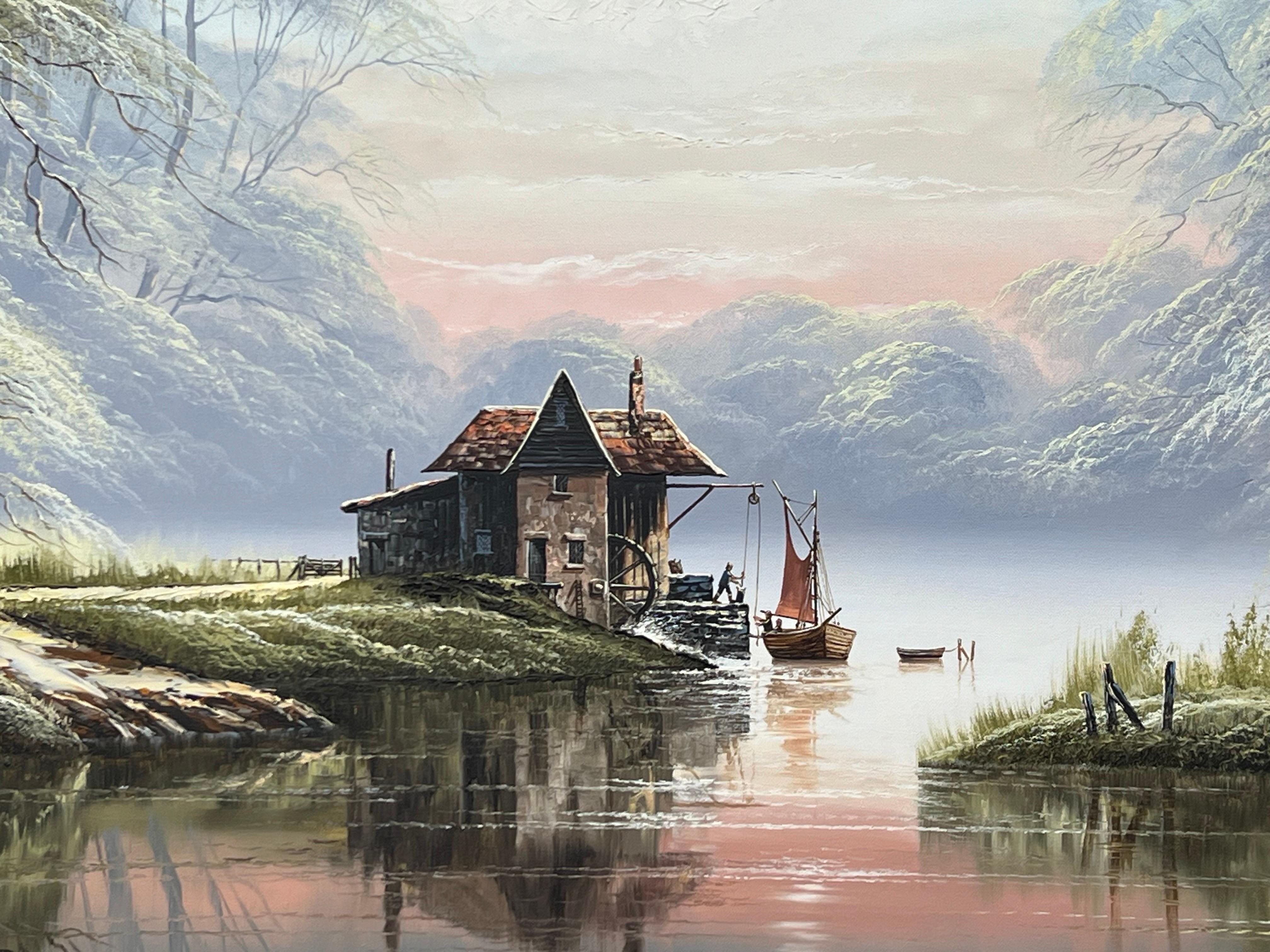 River Landscape with Water Mill in England with Lush Trees by British Artist For Sale 9