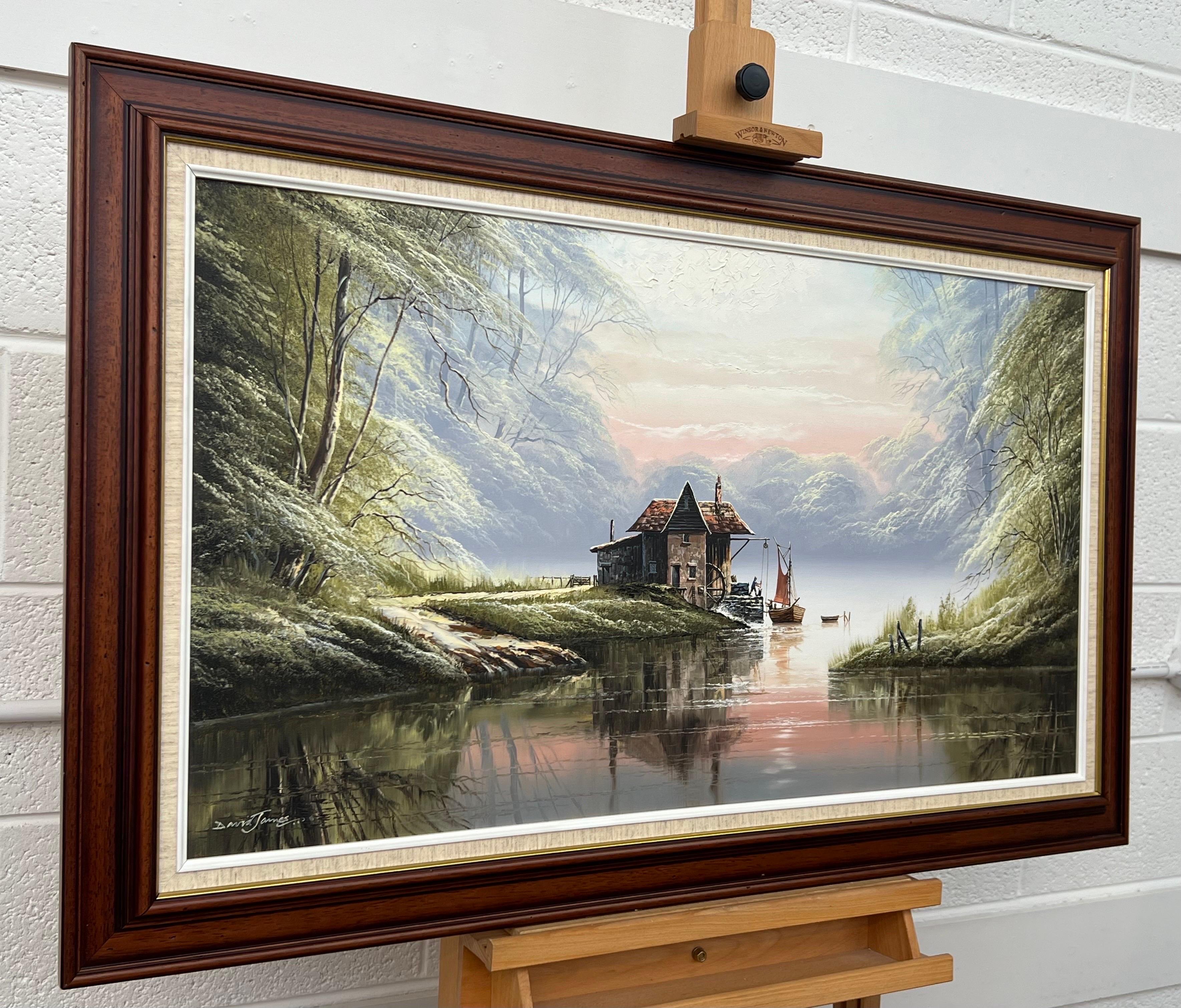 River Landscape with Water Mill in England with Lush Trees by British Artist - Painting by David James