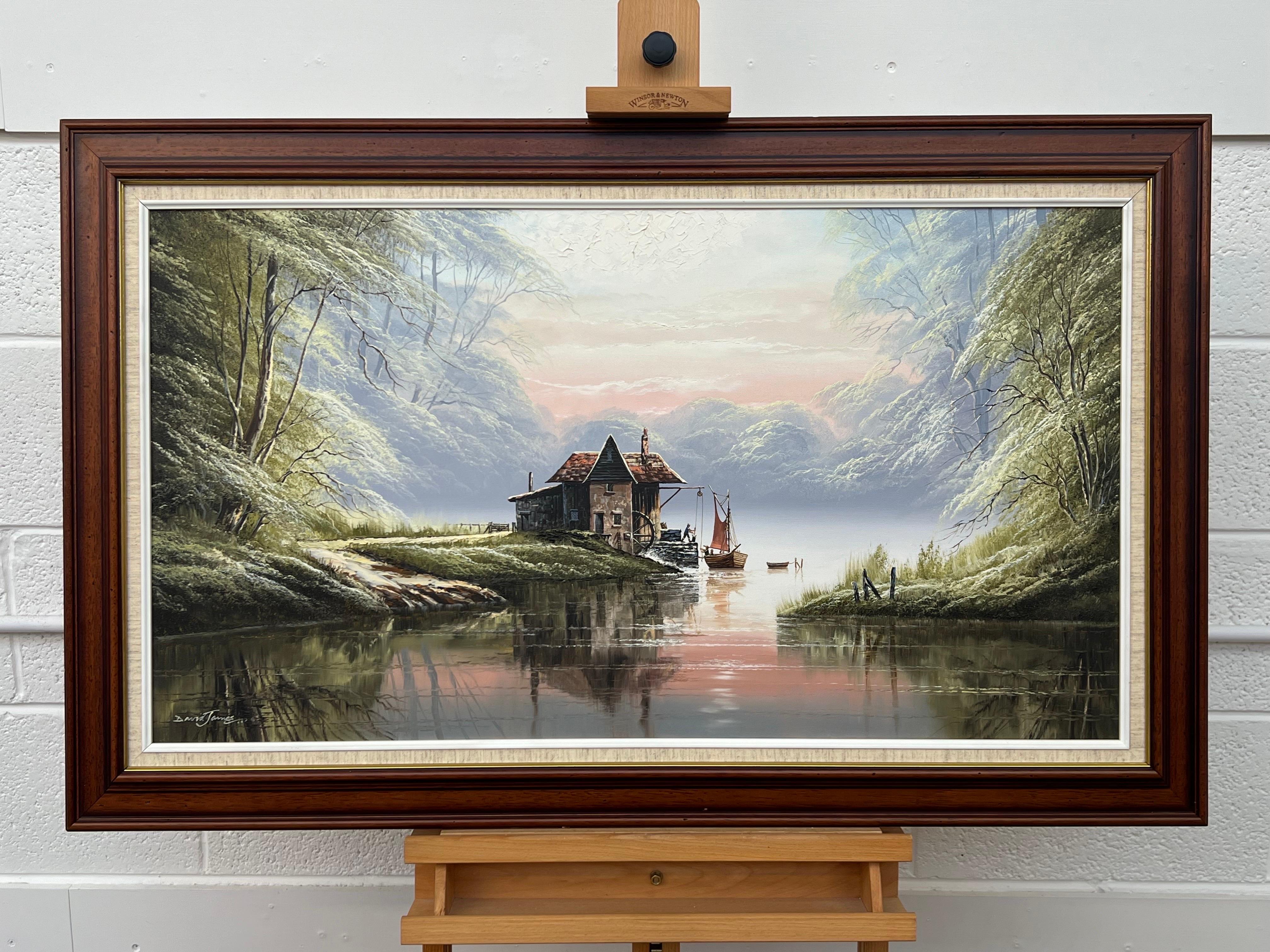 River Landscape with Water Mill in England with Lush Trees by British Artist - Contemporary Painting by David James