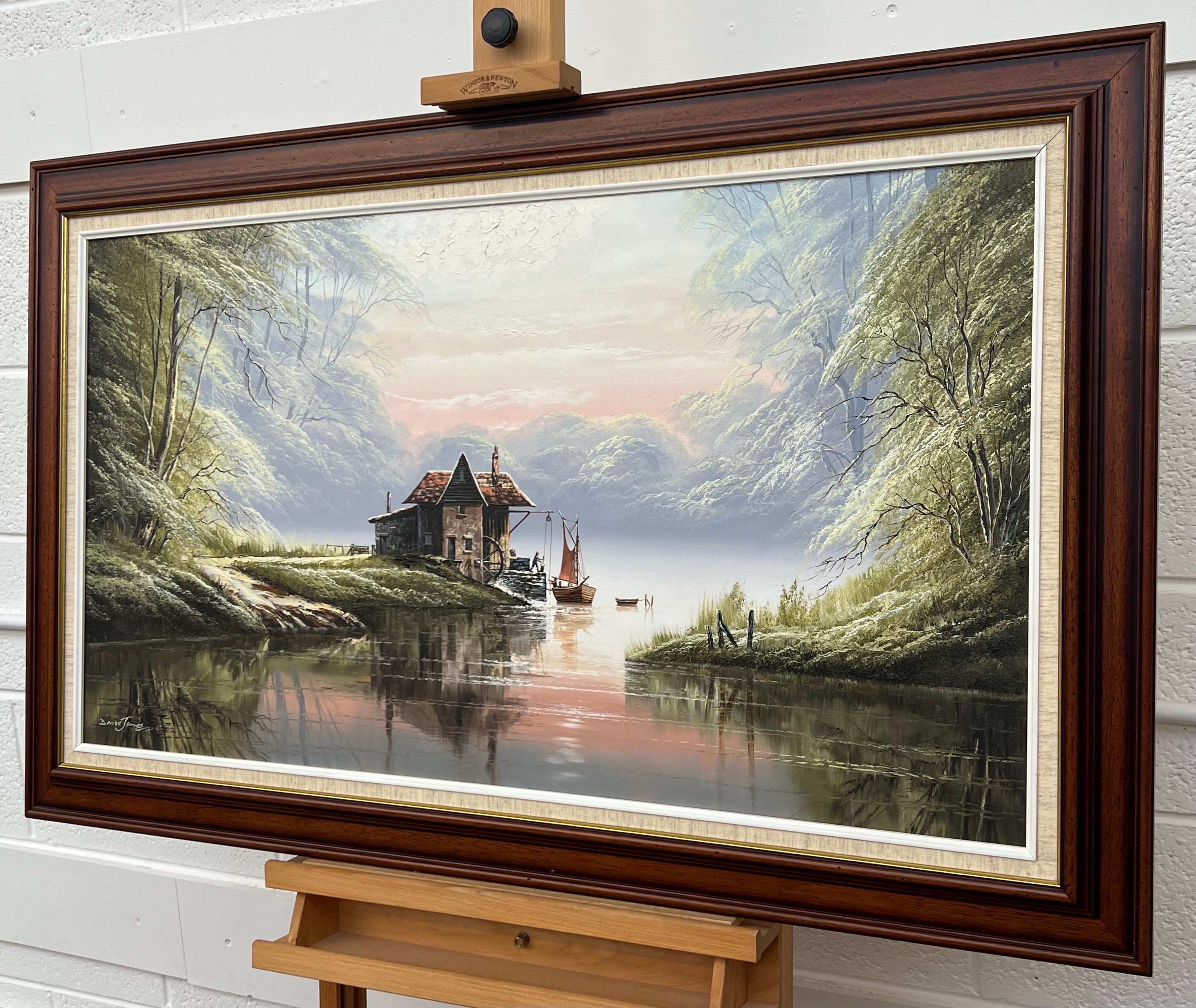 River Landscape with Water Mill in England with Lush Trees by British Artist - Black Landscape Painting by David James