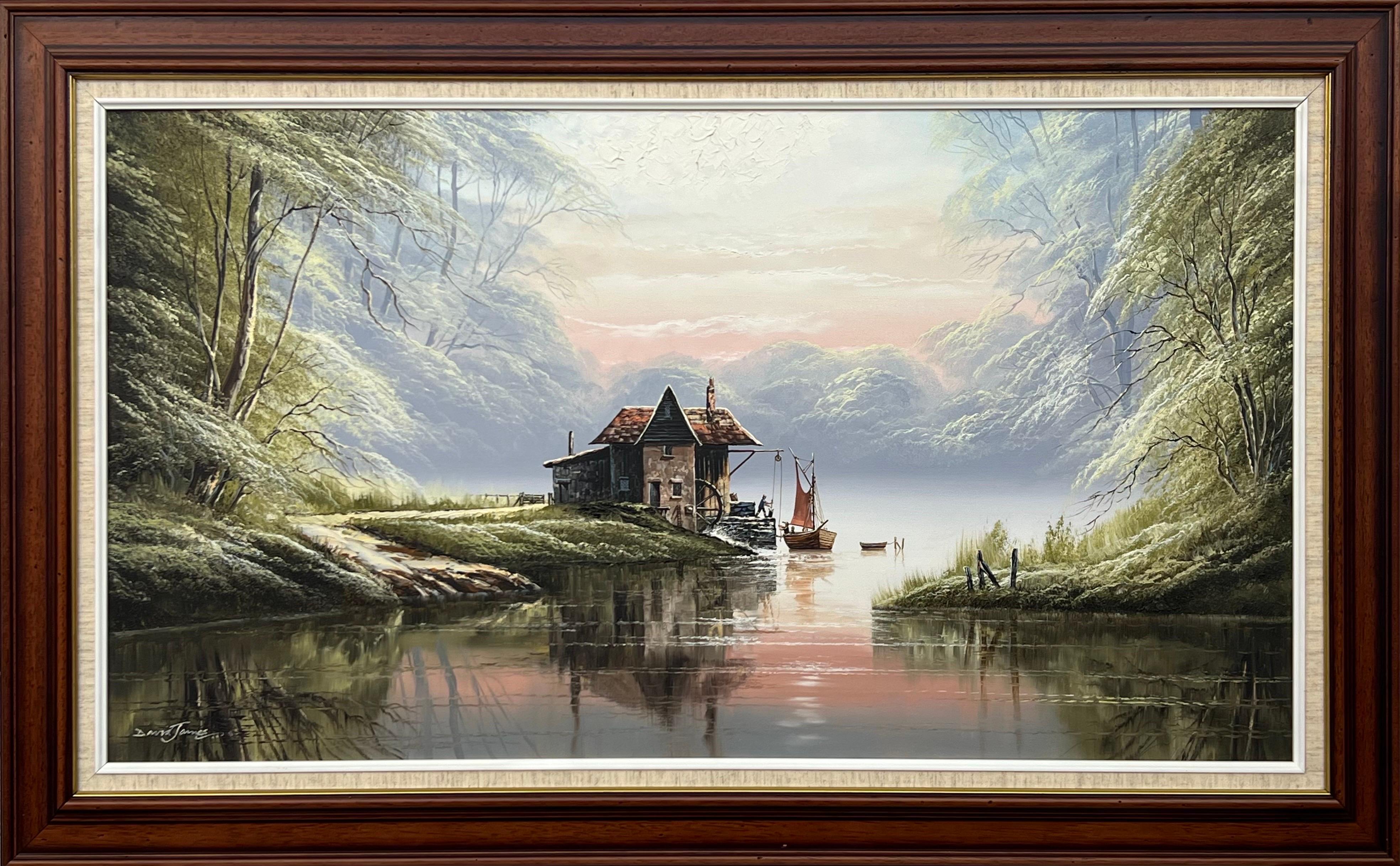 David James Landscape Painting - River Landscape with Water Mill in England with Lush Trees by British Artist