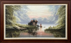 Vintage River Landscape with Water Mill in England with Lush Trees by British Artist