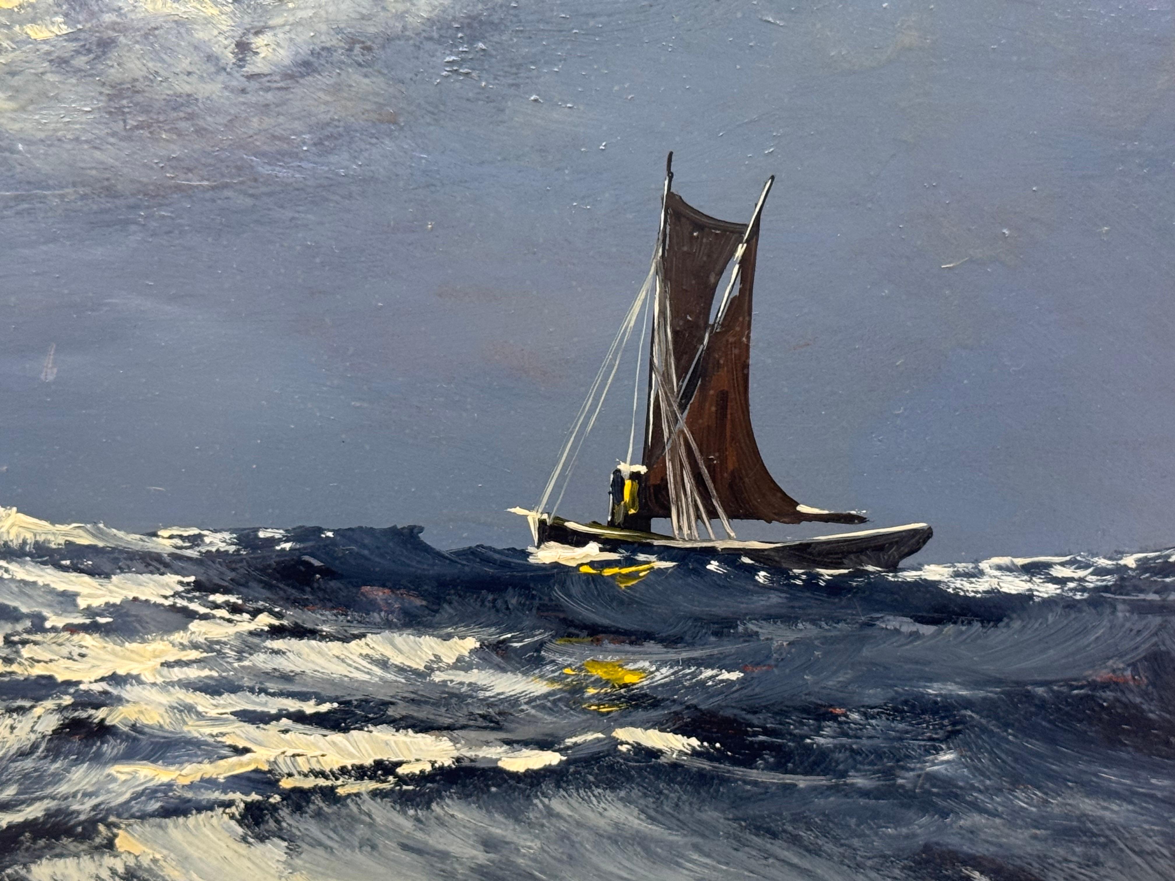 Sail Boat on Rolling Waves with Moonlit Sky - Vintage Oil by British Artist 6