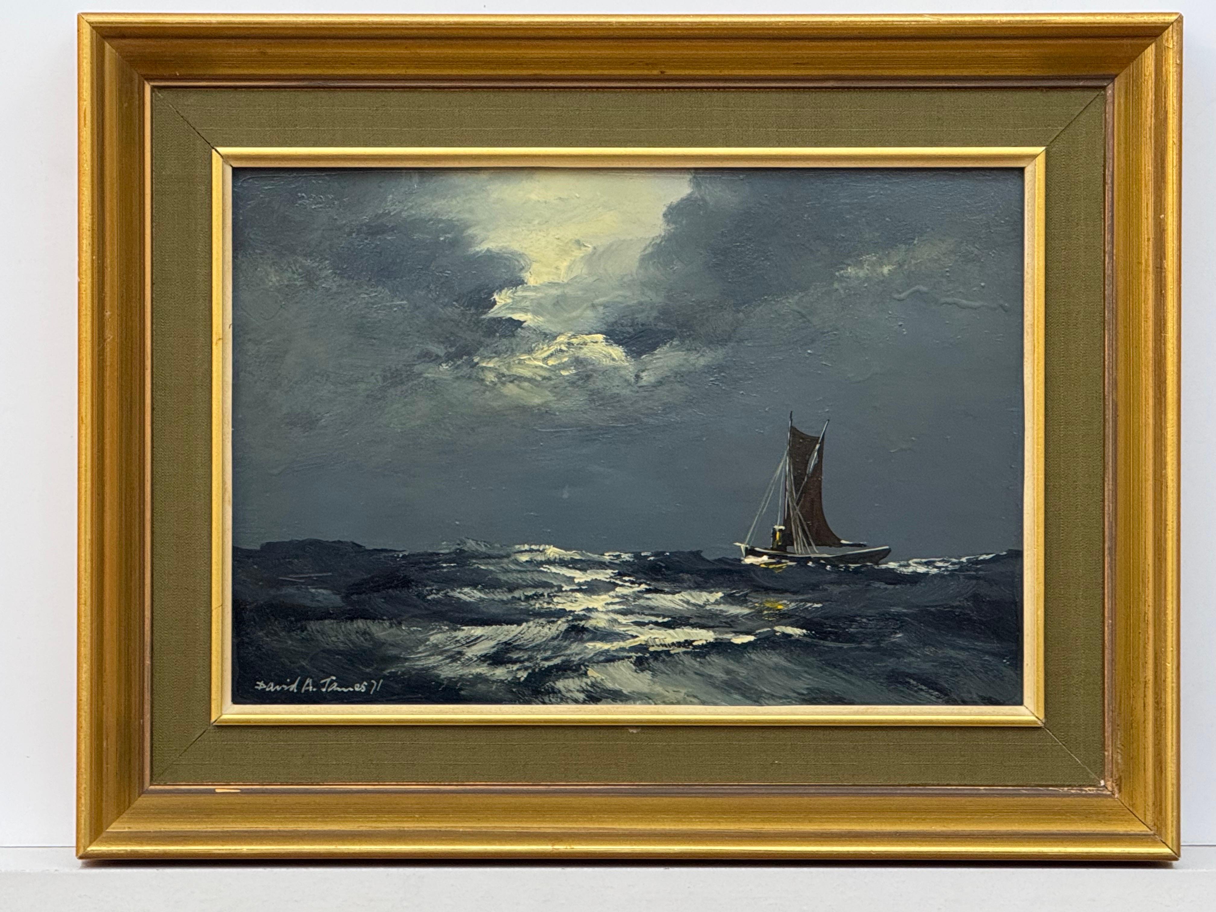 Sail Boat on Rolling Waves with Moonlit Sky - Vintage Oil by British Artist 7