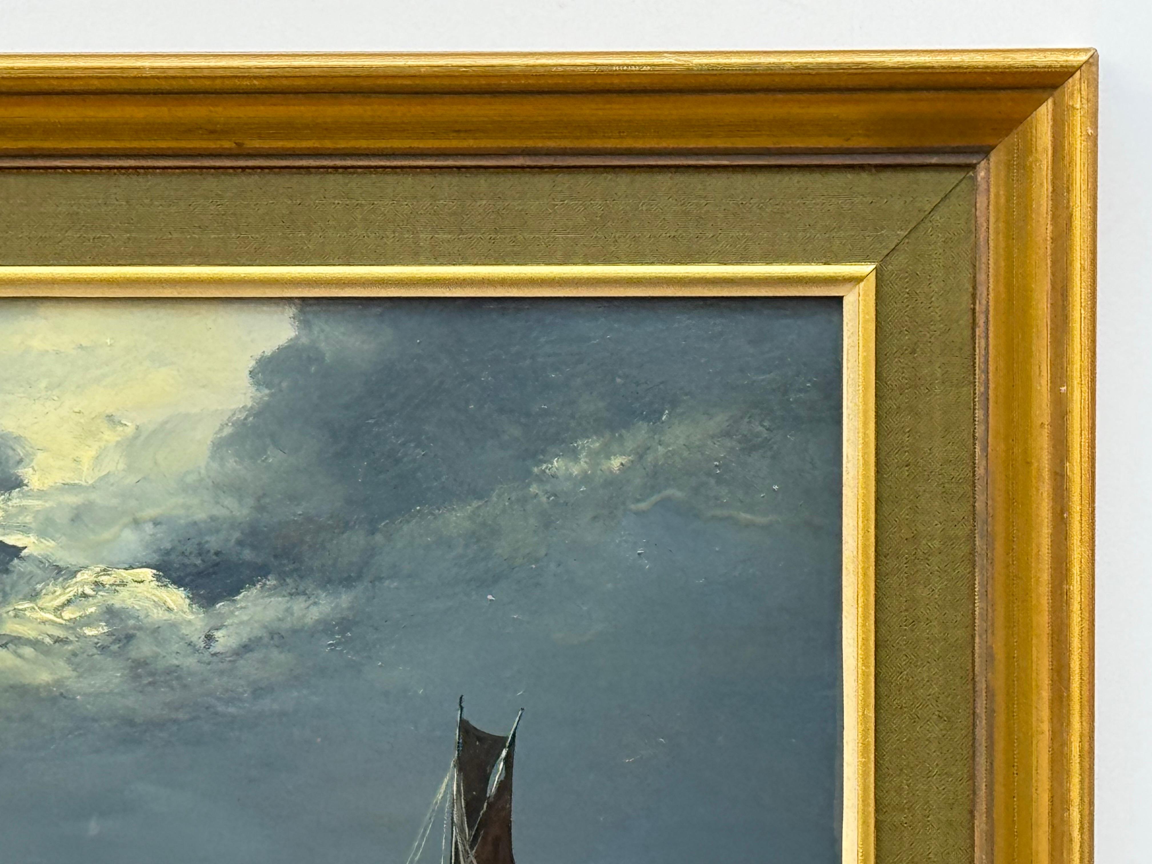 Sail Boat on Rolling Waves with Moonlit Sky - Vintage Oil by British Artist 8
