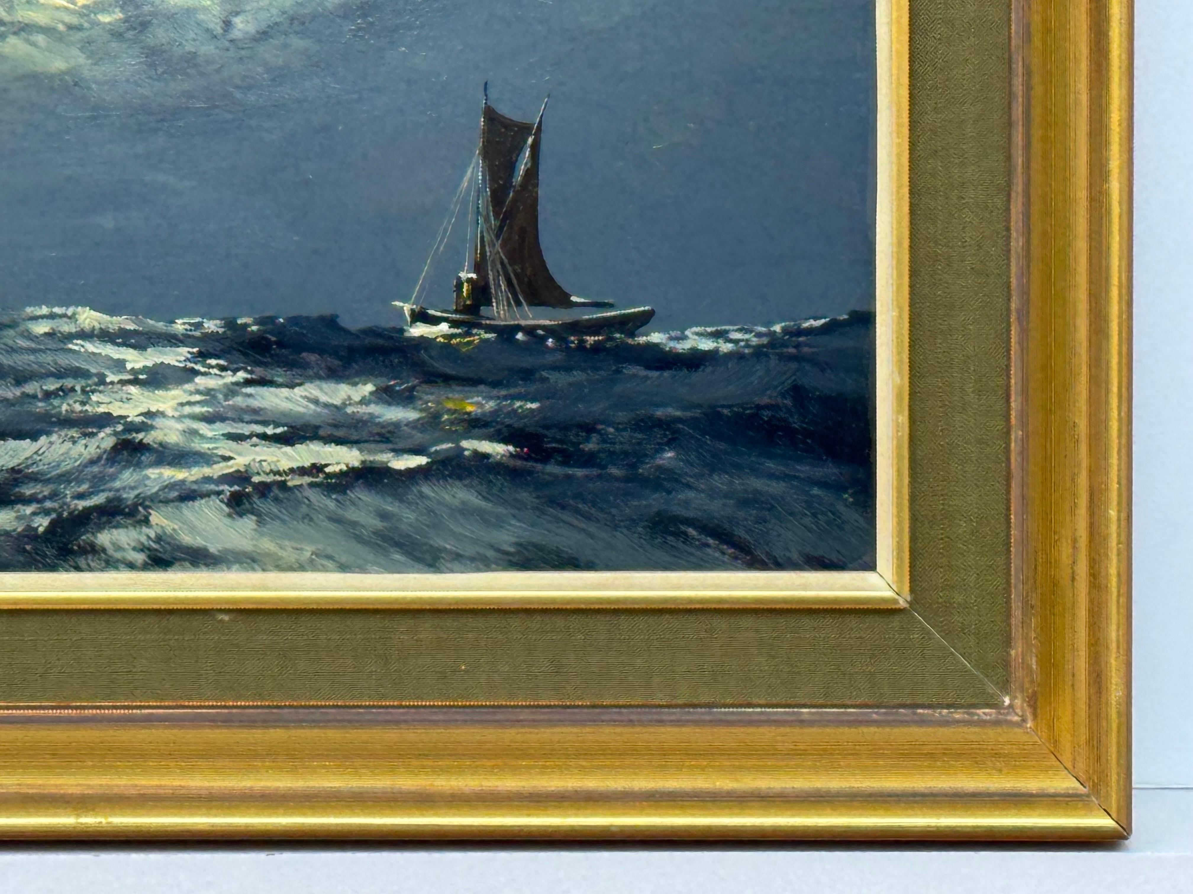 Sail Boat on Rolling Waves with Moonlit Sky - Vintage Oil by British Artist 9