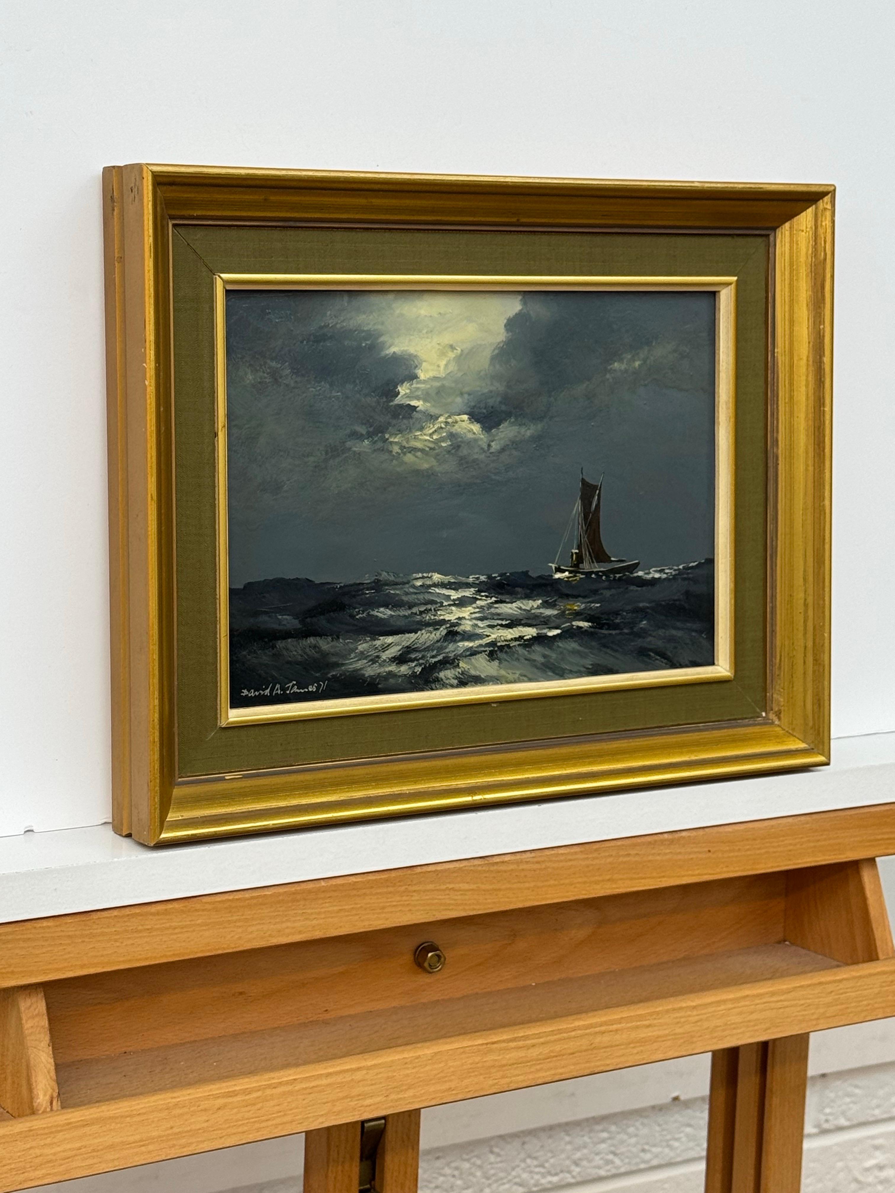 Sail Boat on Rolling Waves with Moonlit Sky - Vintage Oil by British Artist - Painting by David James