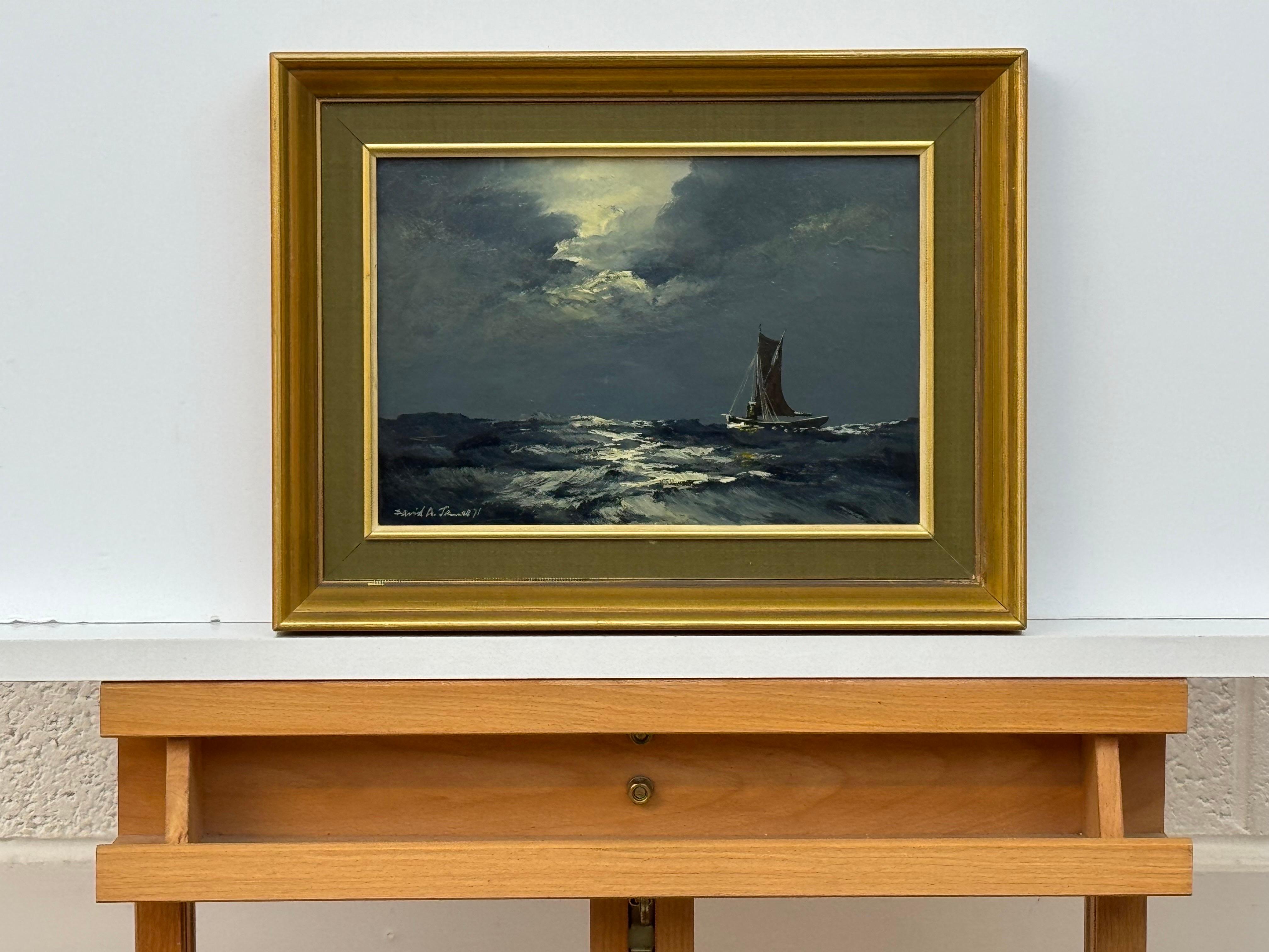 Sail Boat on Rolling Waves with Moonlit Sky - Vintage Oil by British Artist - Contemporary Painting by David James