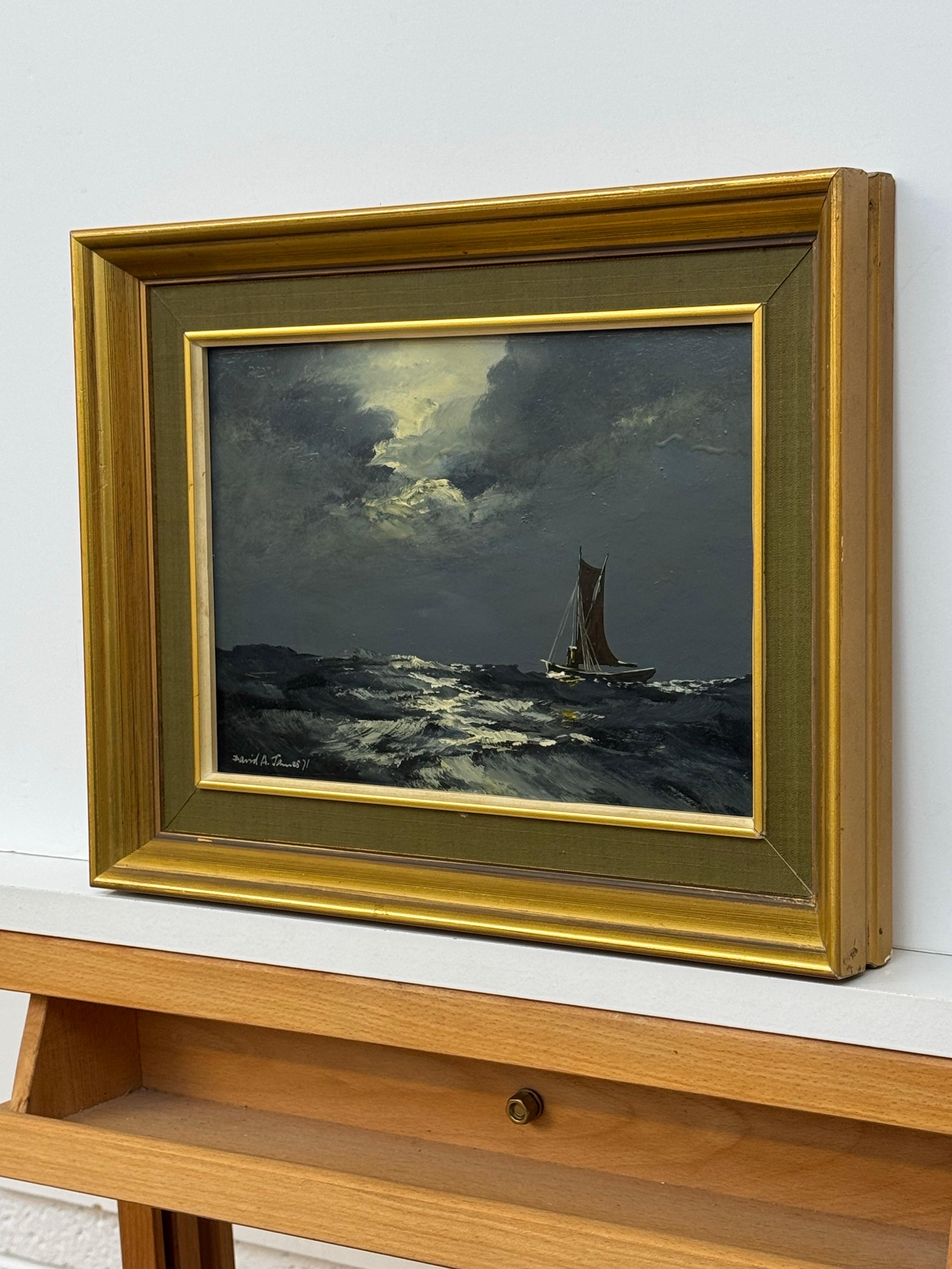 Sail Boat on Rolling Waves with Moonlit Sky - Vintage Oil by British Artist - Brown Landscape Painting by David James