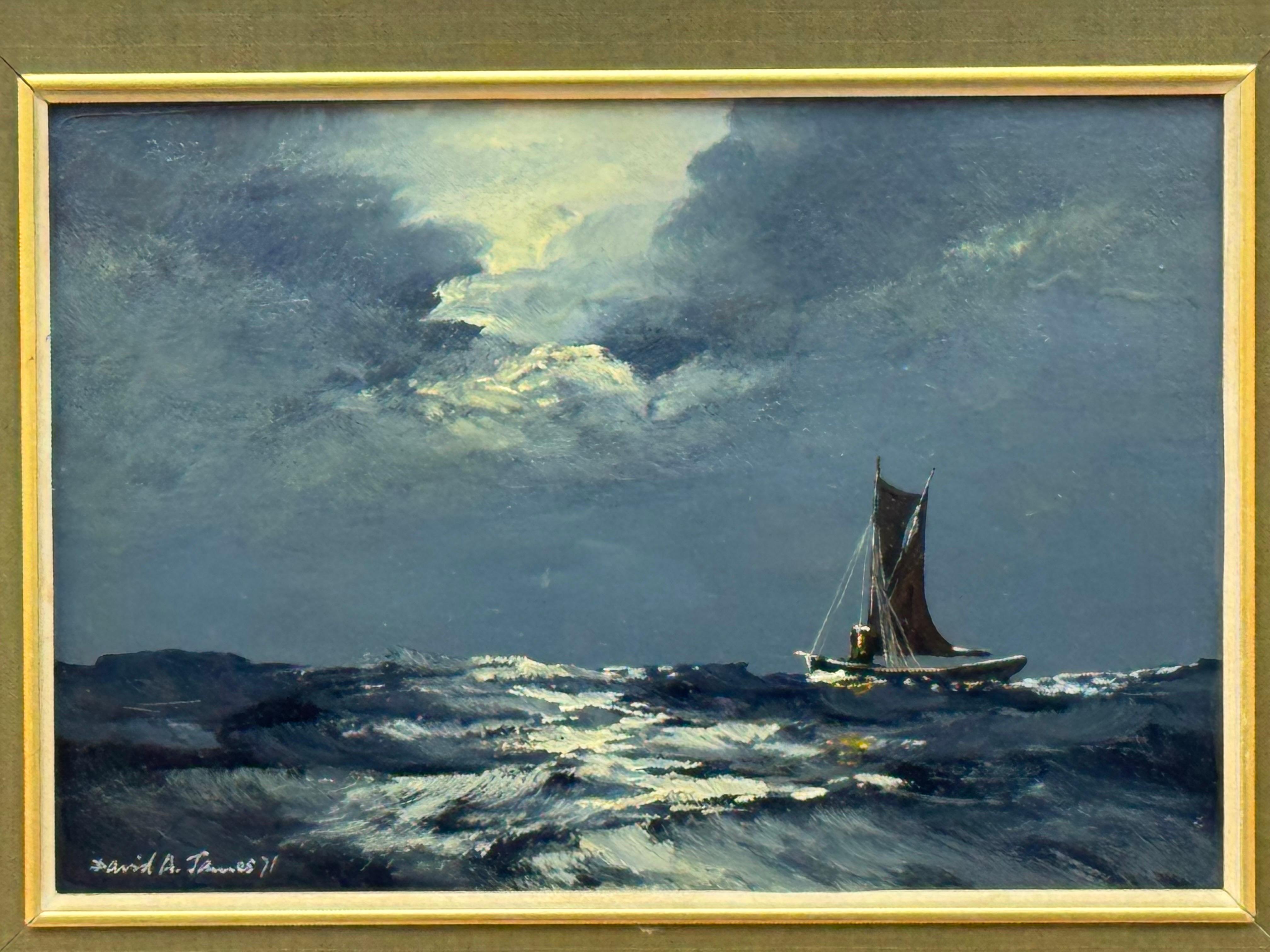 Sail Boat on Rolling Waves with Moonlit Sky - Vintage Oil by British Artist, David James. Dramatic skies and beautiful reflections are a feature of this landscape and seascape artist.

Art measures 10 x 7 inches
Frame measures 13 x 10 inches

This
