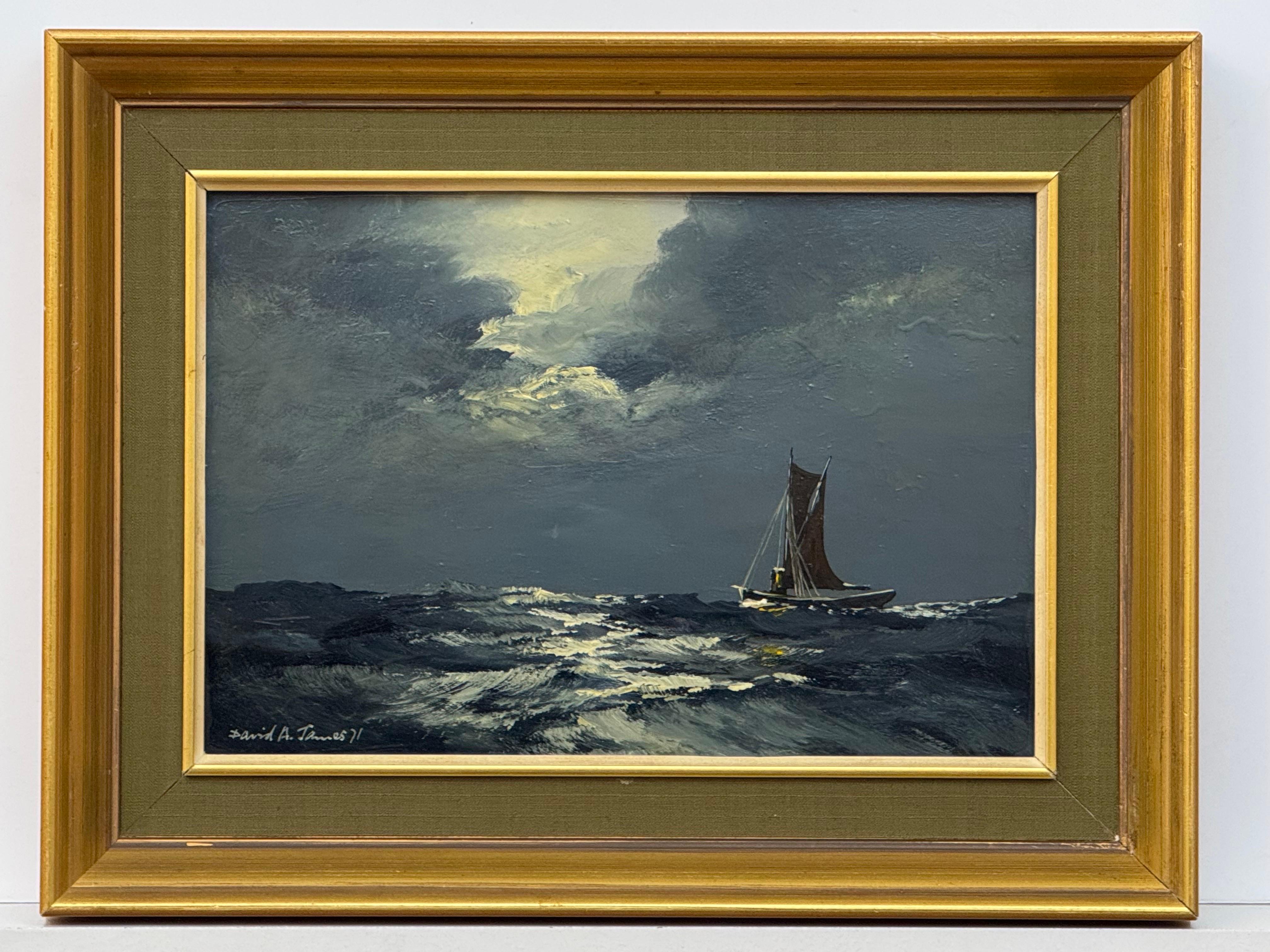 Sail Boat on Rolling Waves with Moonlit Sky - Vintage Oil by British Artist 1