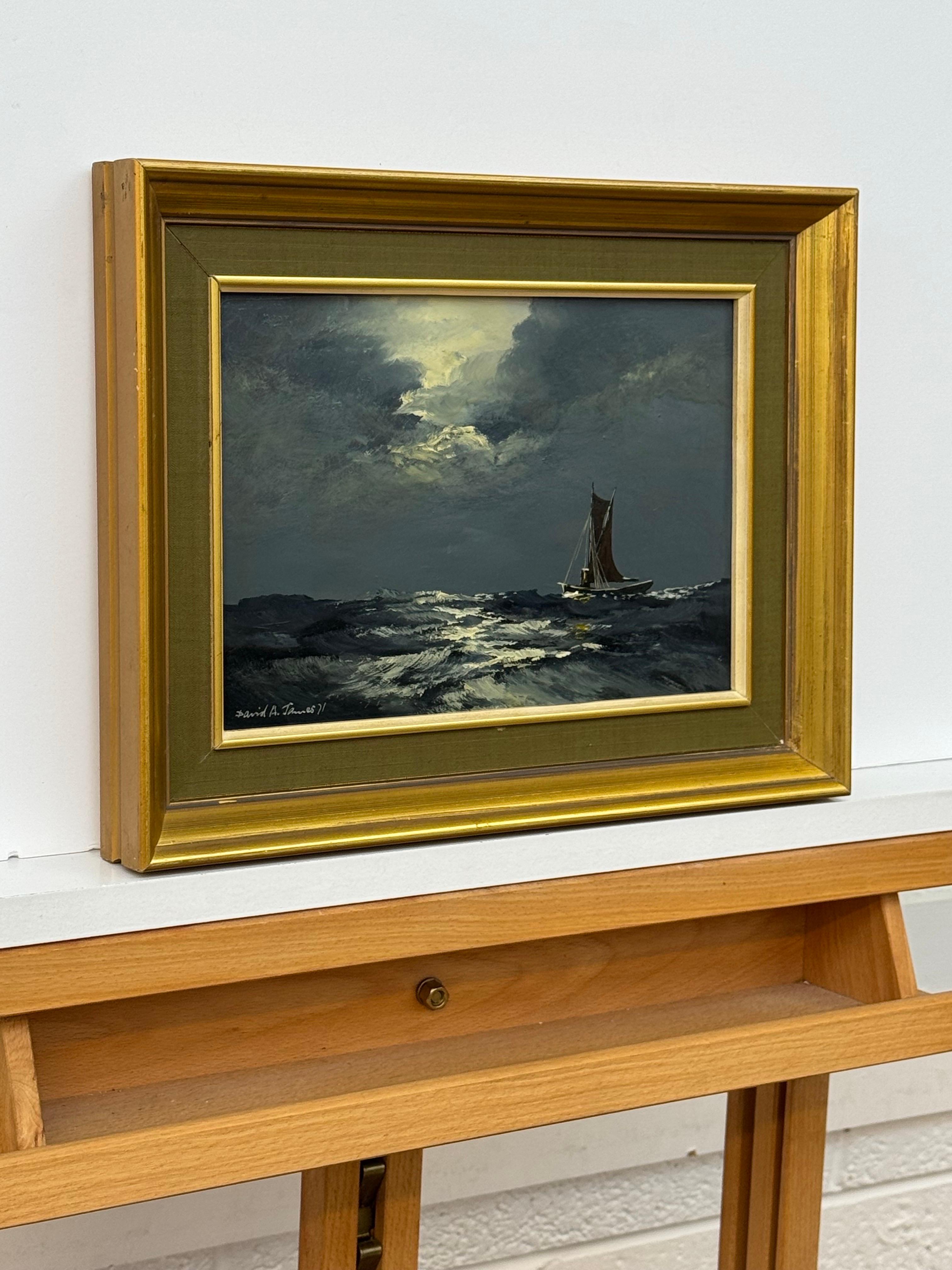 Sail Boat on Rolling Waves with Moonlit Sky - Vintage Oil by British Artist 4