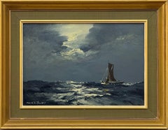 Sail Boat on Rolling Waves with Moonlit Sky - Vintage Oil by British Artist