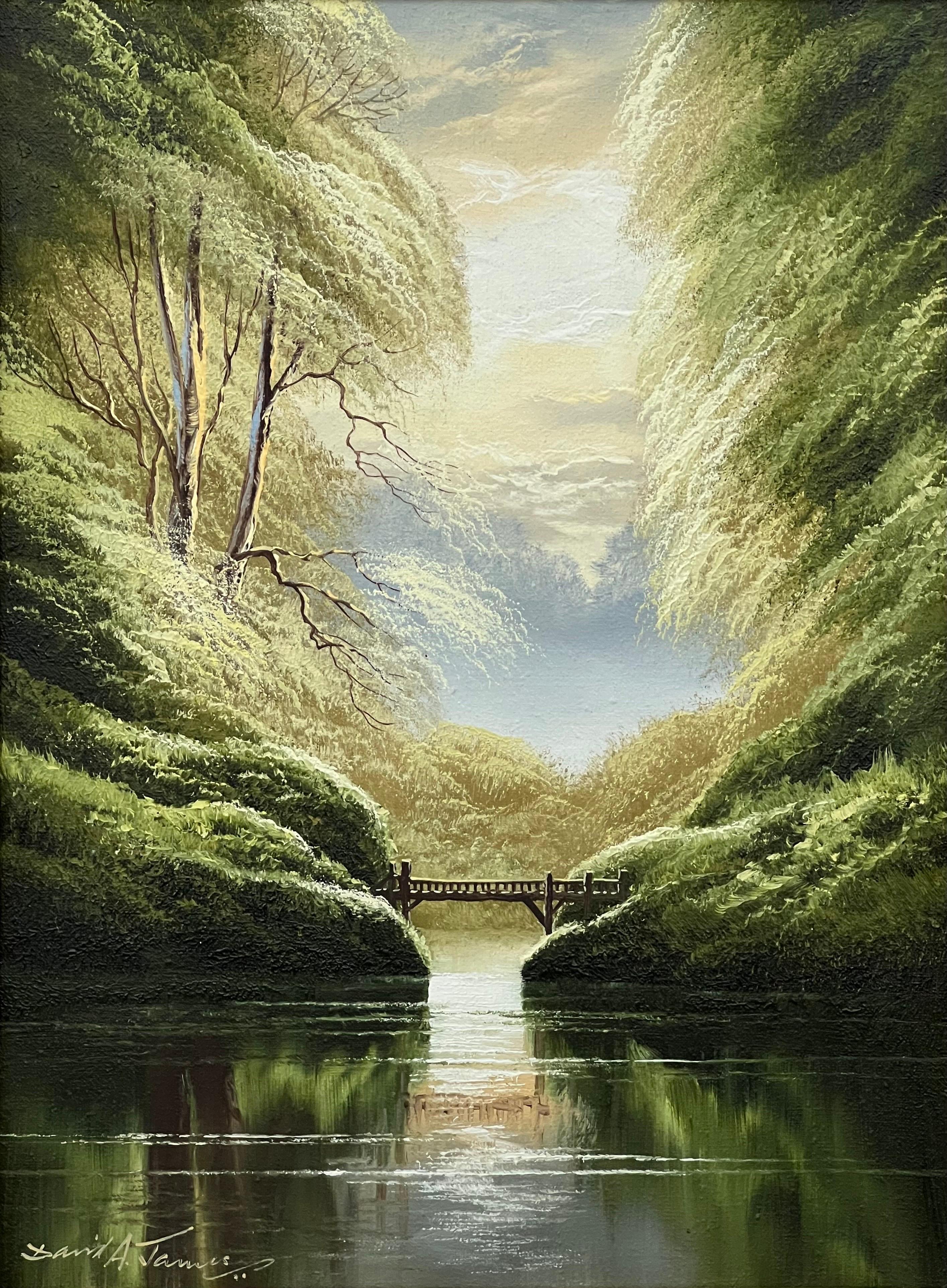 Serenity over the Bridge - Lake Scene with Lush Green Trees by British Artist – Painting von David James