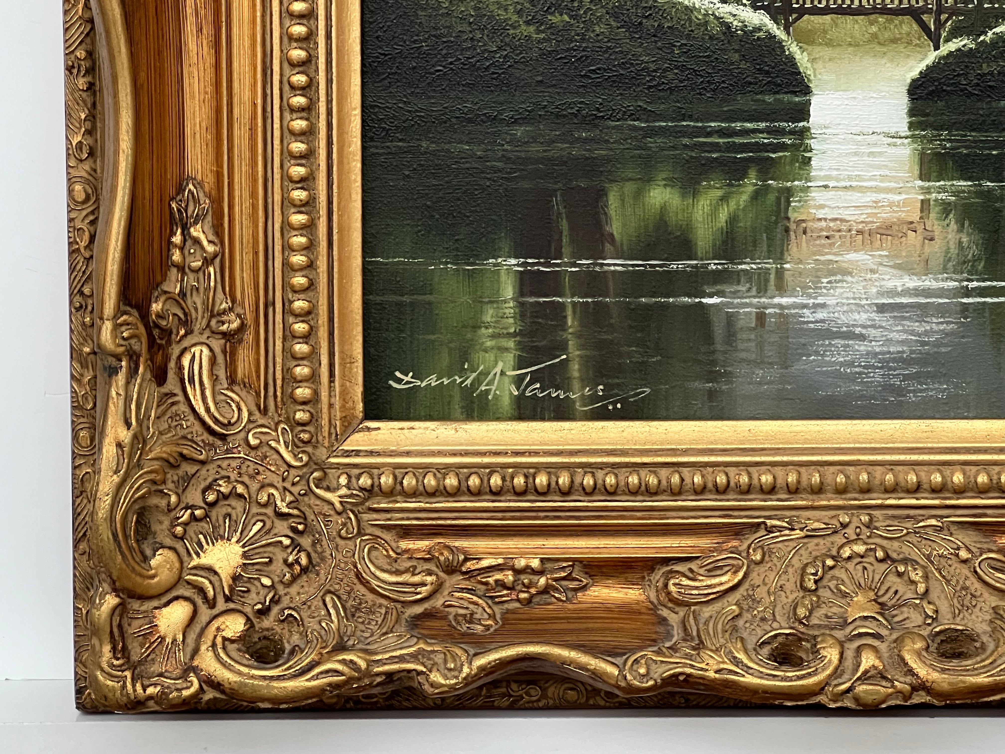 Serenity over the Bridge - Lake Scene with Lush Green Trees by British Artist (Zeitgenössisch), Painting, von David James