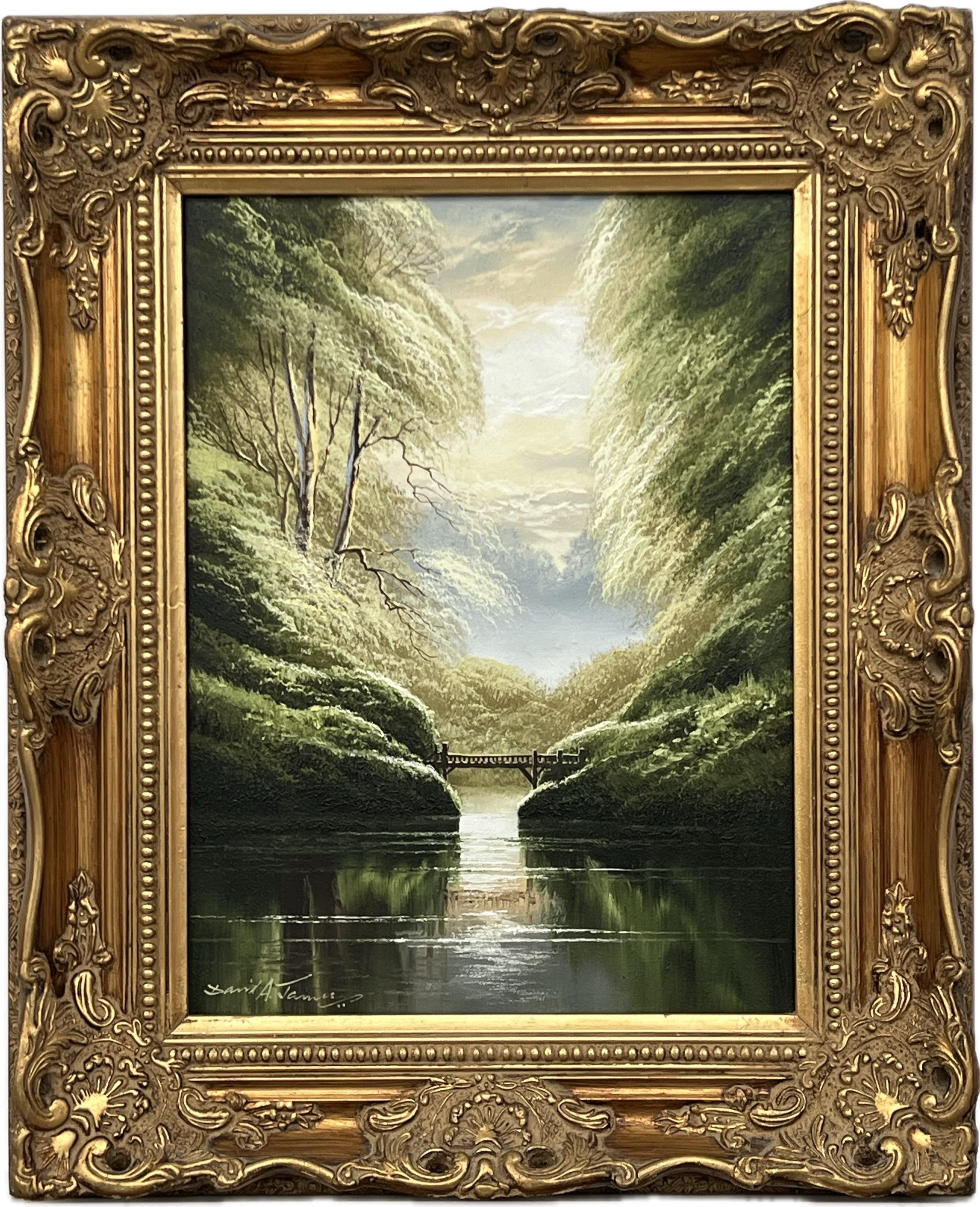 Serenity over the Bridge - Lake Scene with Lush Green Trees by British Artist