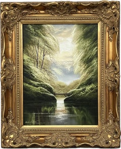 Serenity over the Bridge - Lake Scene with Lush Green Trees by British Artist