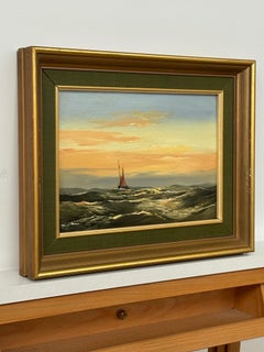 Sunset seascape with red-sailed boat & glowing sky over ocean swells vintage oil