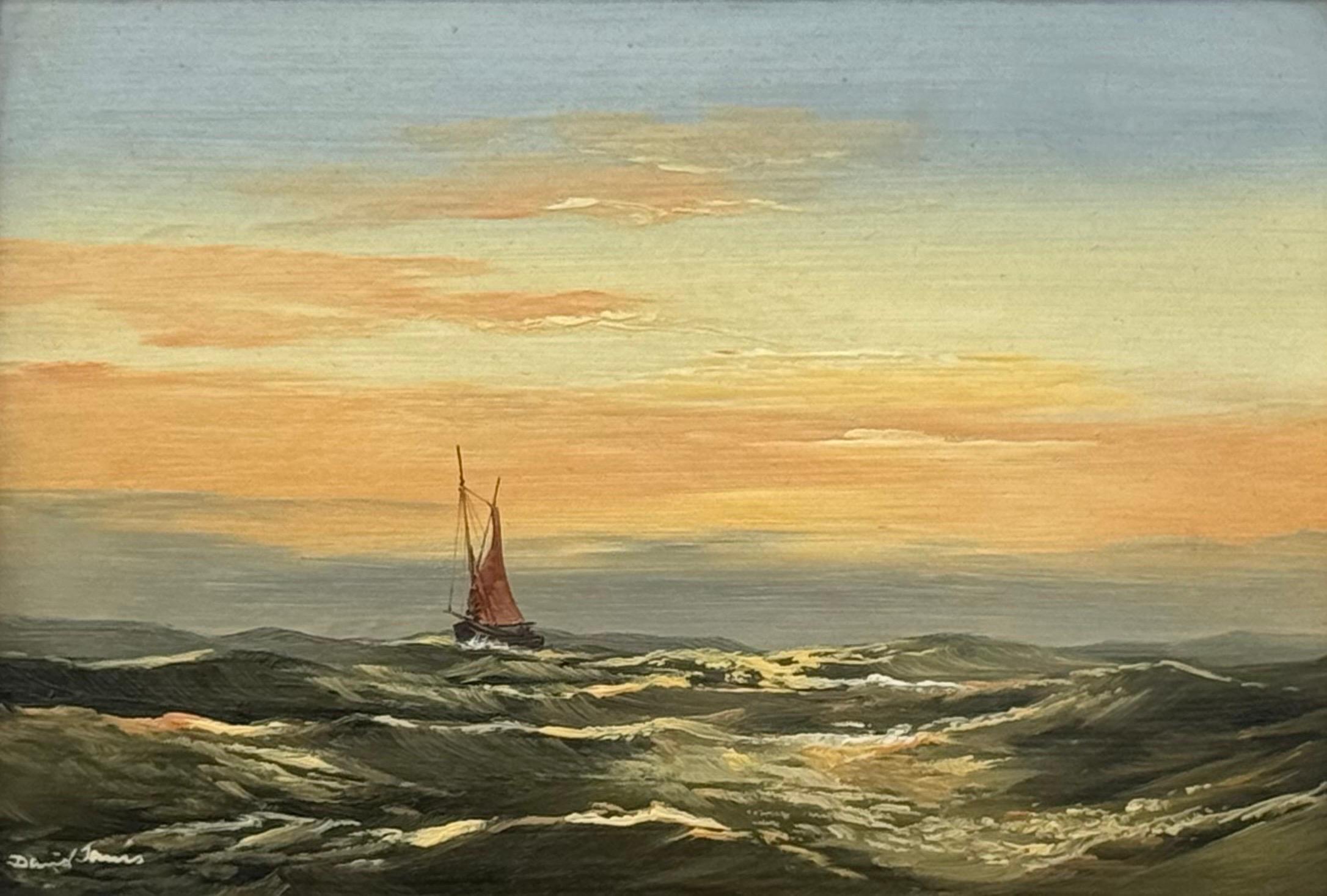 Paysage marin au coucher du soleil avec bateau à voiles rouges et ciel lumineux sur la houle de l'océan huile vintage en vente 3