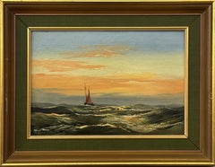 Sunset seascape with red-sailed boat & glowing sky over ocean swells vintage oil