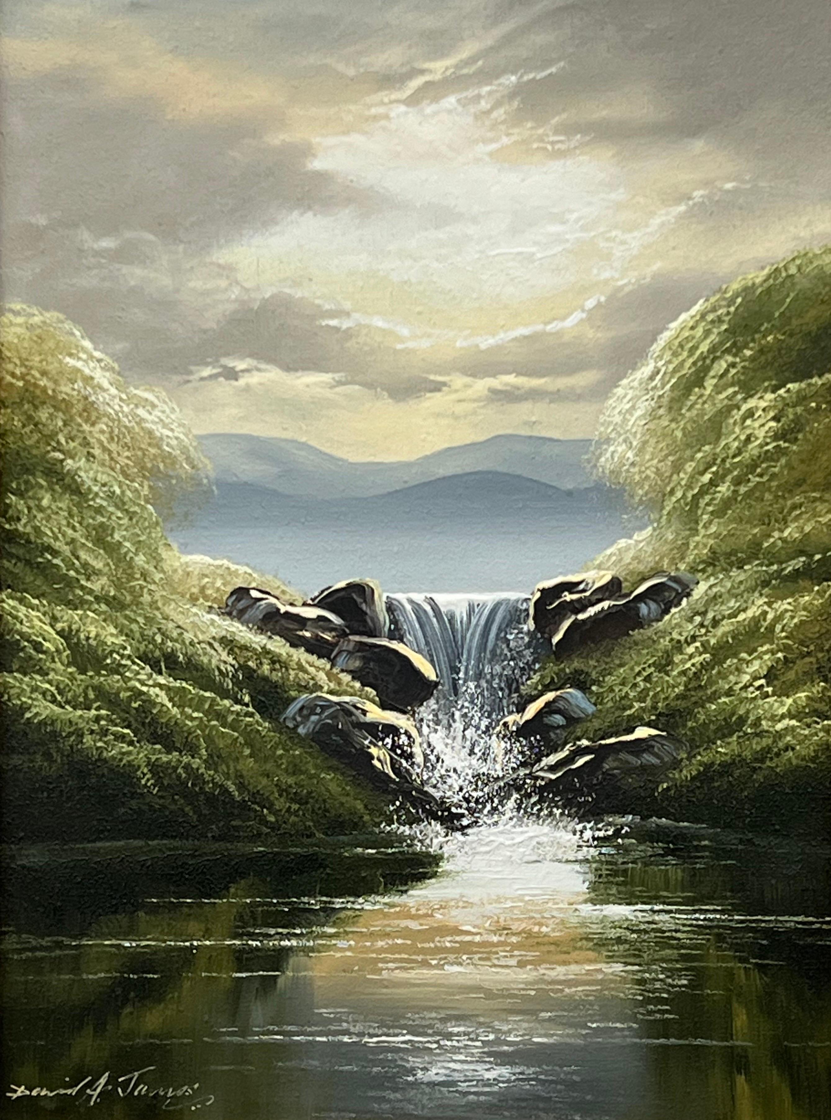 Whispers of the Falls - Cascata del lago fluviale con alberi rigogliosi di un artista britannico in vendita 2